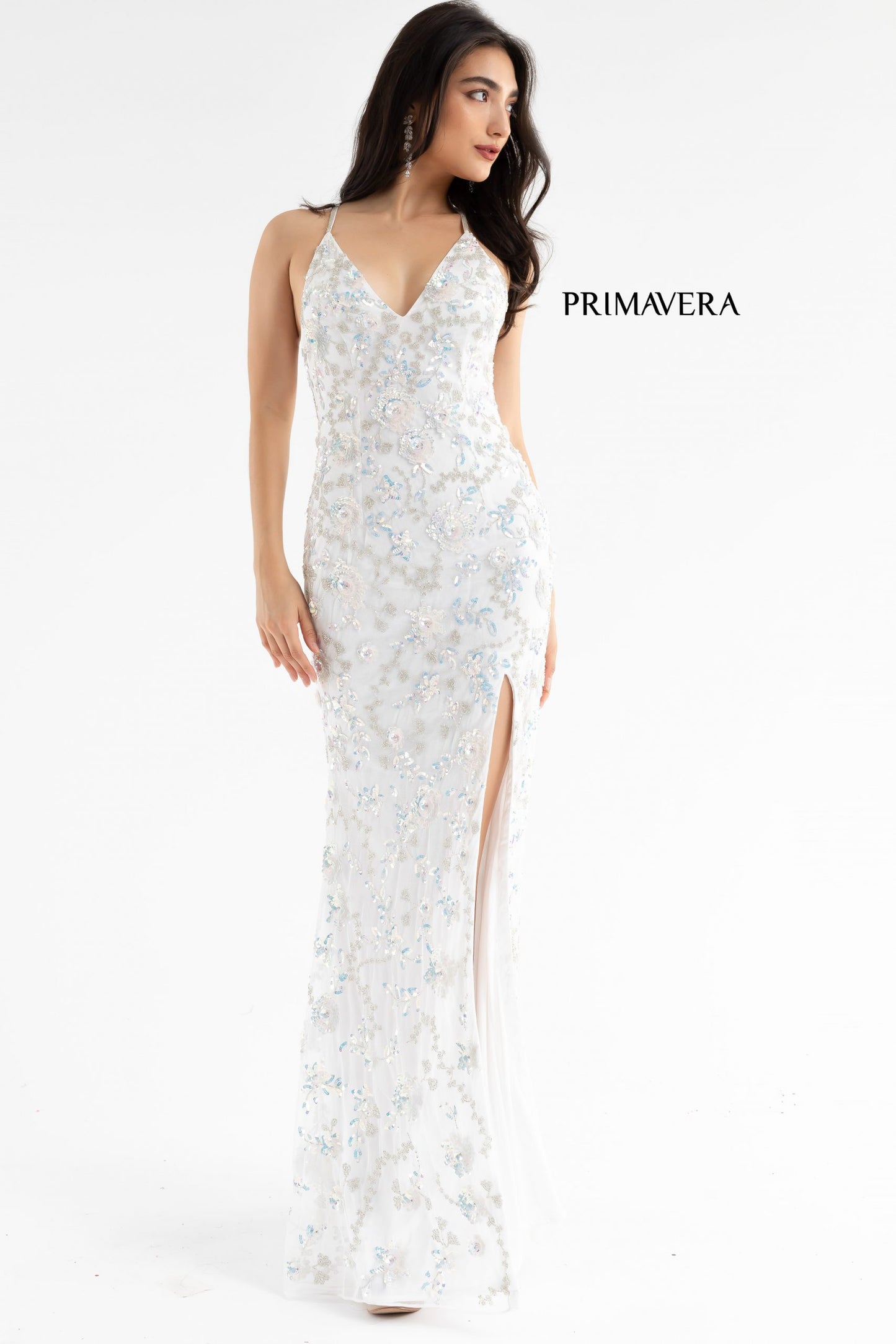 Primavera Couture 3731 Size 0 3D Flowers Prom Dress Sequins with a V Neckline Slit Open Back