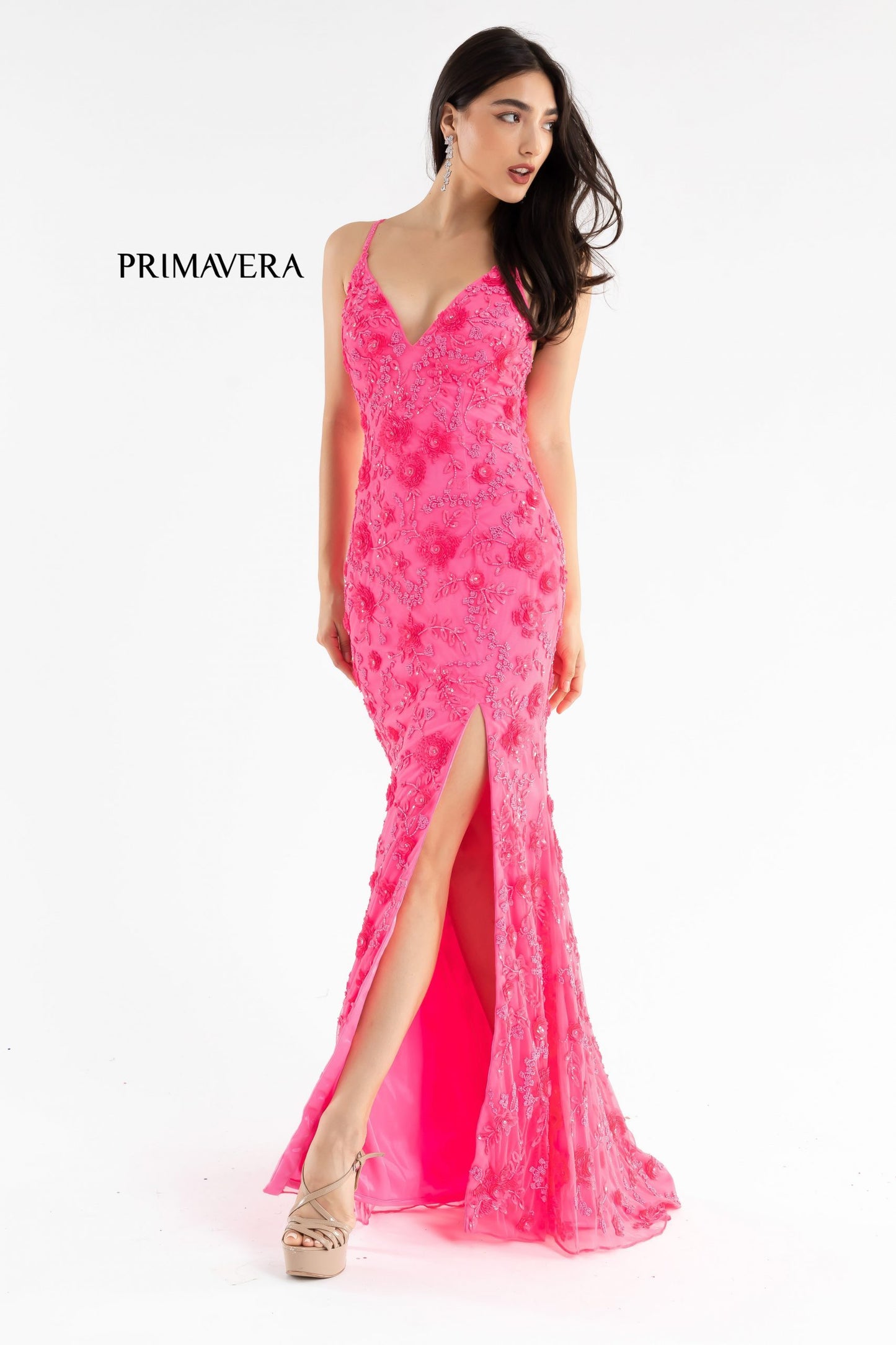 Primavera Couture 3731 Size 0 3D Flowers Prom Dress Sequins with a V Neckline Slit Open Back