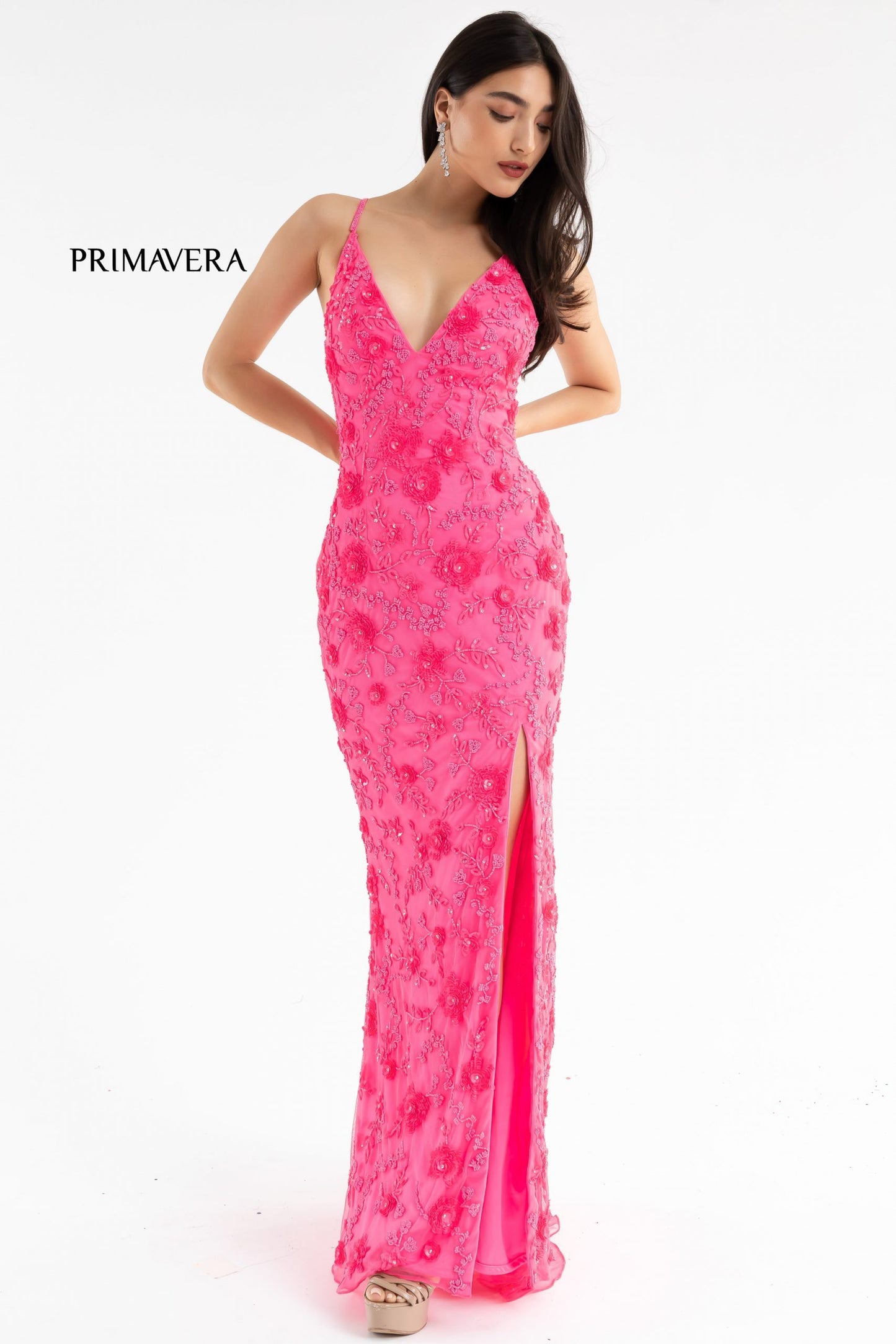 Primavera Couture 3731 Size 0 3D Flowers Prom Dress Sequins with a V Neckline Slit Open Back