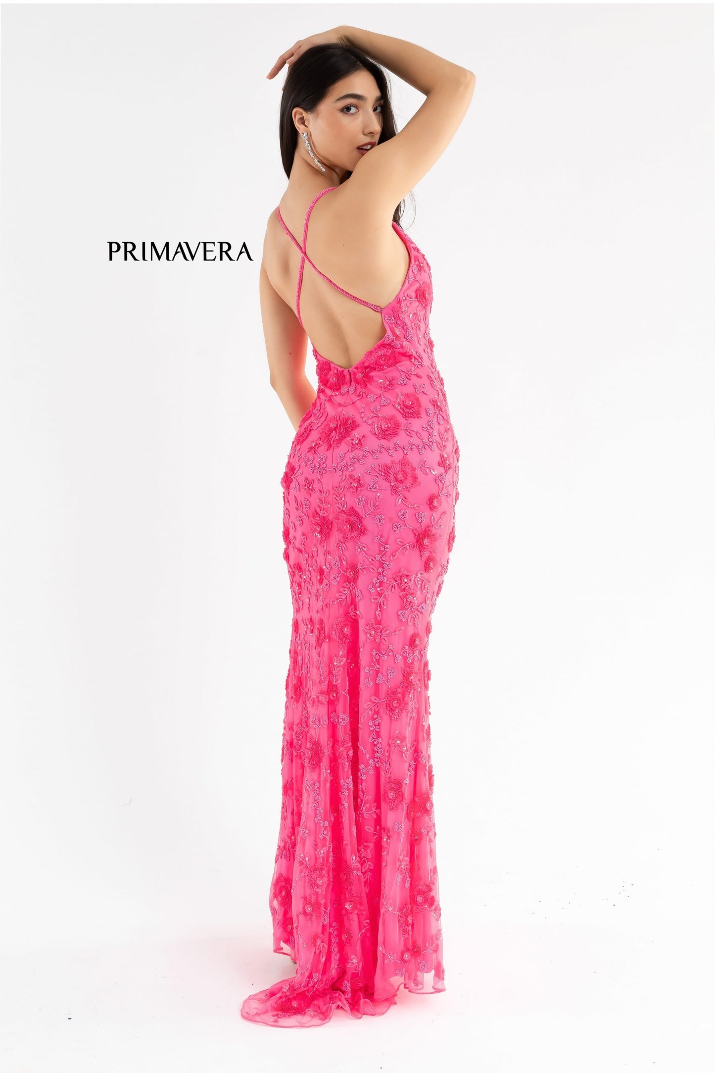 Primavera Couture 3731 Size 0 3D Flowers Prom Dress Sequins with a V Neckline Slit Open Back