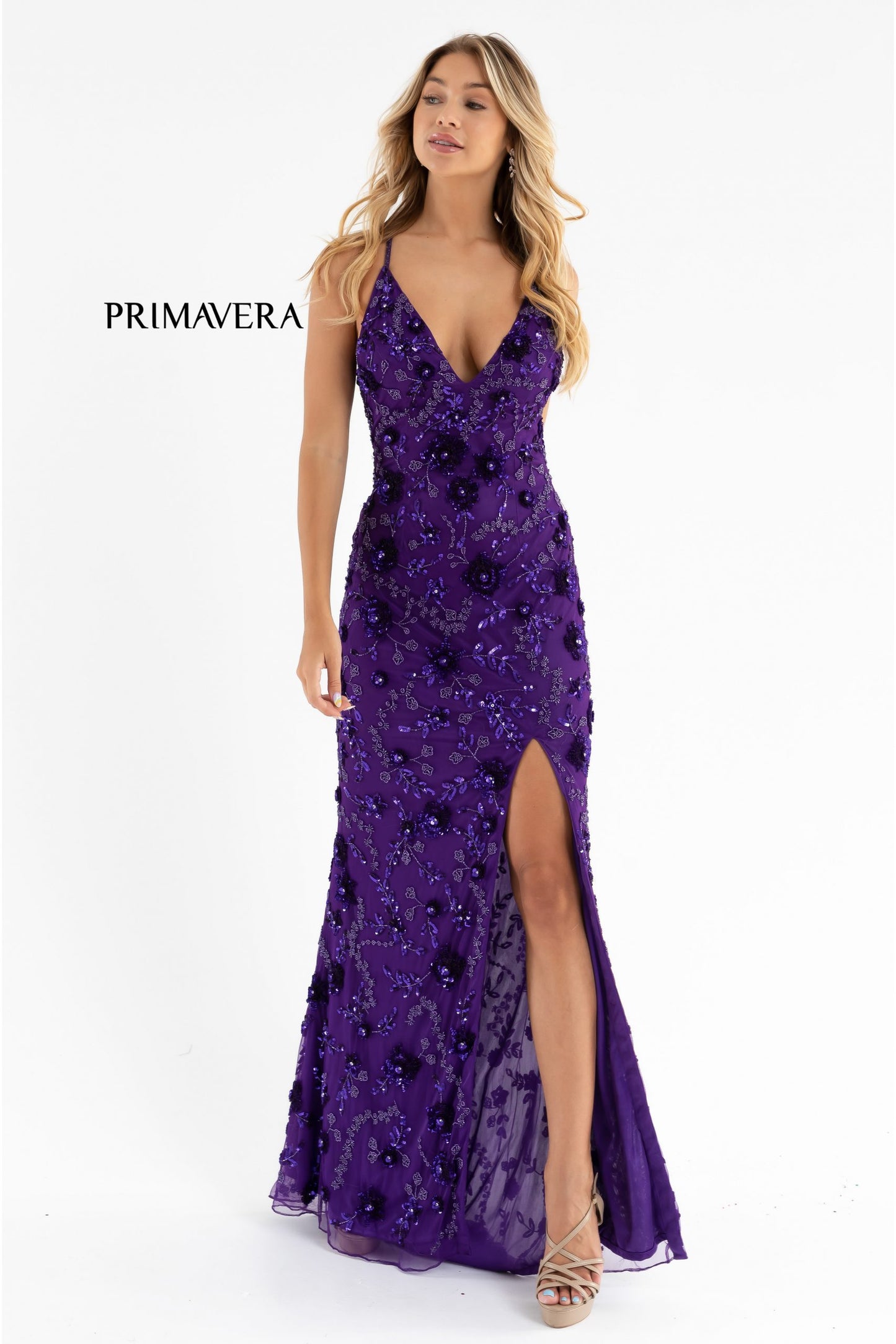 Primavera Couture 3731 Size 0 3D Flowers Prom Dress Sequins with a V Neckline Slit Open Back