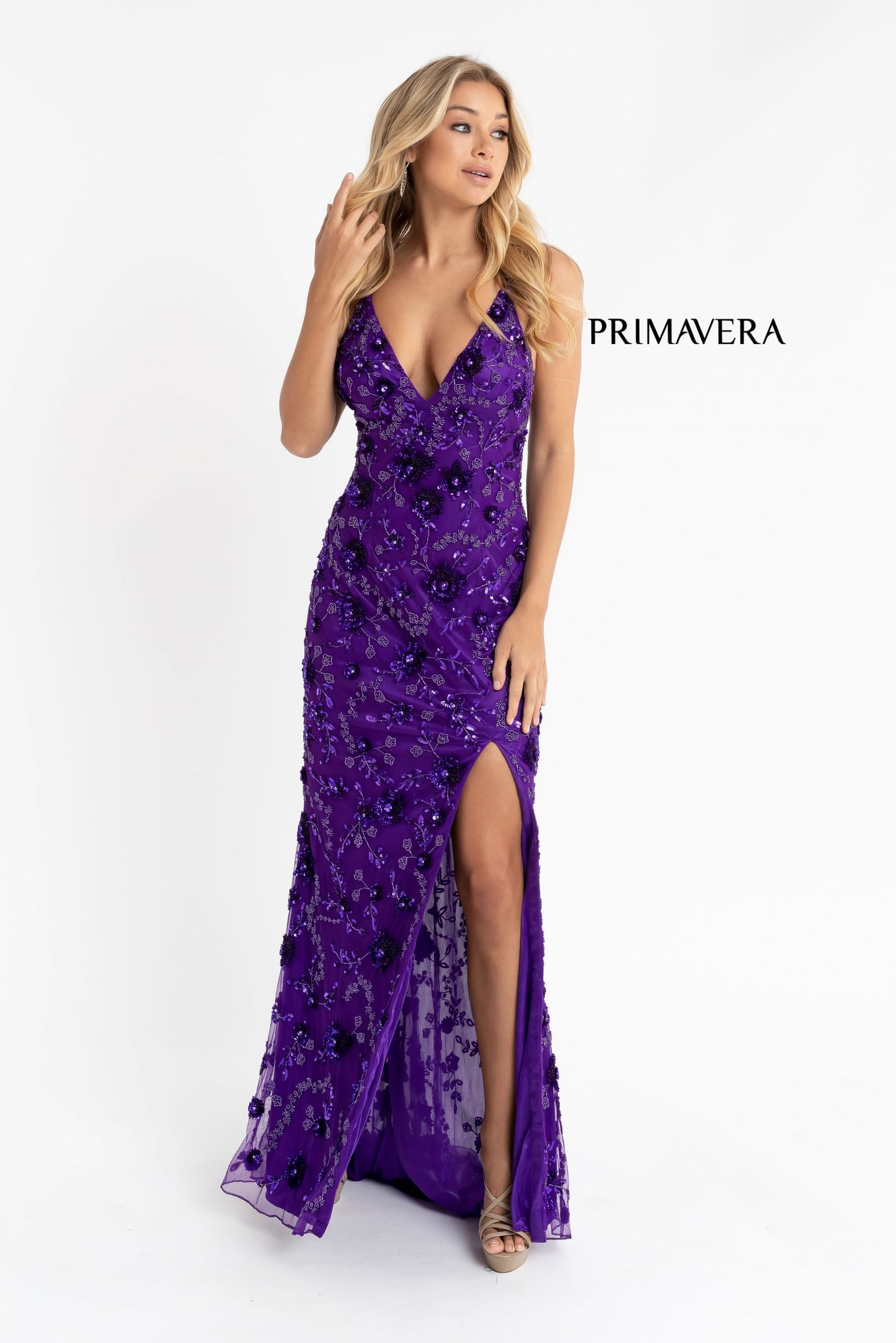 Primavera Couture 3731 Size 0 3D Flowers Prom Dress Sequins with a V Neckline Slit Open Back