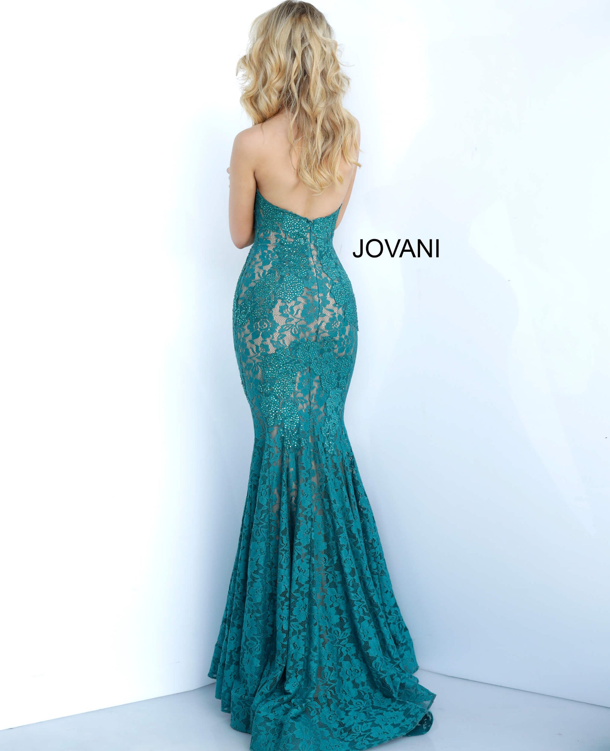 Jovani 37334 This beautiful, fitted, strapless lace dress features a sweetheart neckline. The top half of the trumpet dress is accessorized with rhinestones. Stretch nude lining with stretch lace overlay, heat set stones, form fitting, strapless. Available Sizes: 00,0,2,4,6,8,10,12,14,16,18,20,22,24  Available Colors: BLACK, BRIGHT PINK, DUSTY PINK, EMERALD, FUCHSIA, IVORY, LIGHT-BLUE, LILAC, MAUVE, NAVY, PERRIWINKLE, RED, ROYAL