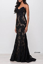 Jovani 37334 This beautiful, fitted, strapless lace dress features a sweetheart neckline. The top half of the trumpet dress is accessorized with rhinestones. Stretch nude lining with stretch lace overlay, heat set stones, form fitting, strapless. Available Sizes: 00,0,2,4,6,8,10,12,14,16,18,20,22,24  Available Colors: BLACK, BRIGHT PINK, DUSTY PINK, EMERALD, FUCHSIA, IVORY, LIGHT-BLUE, LILAC, MAUVE, NAVY, PERRIWINKLE, RED, ROYAL