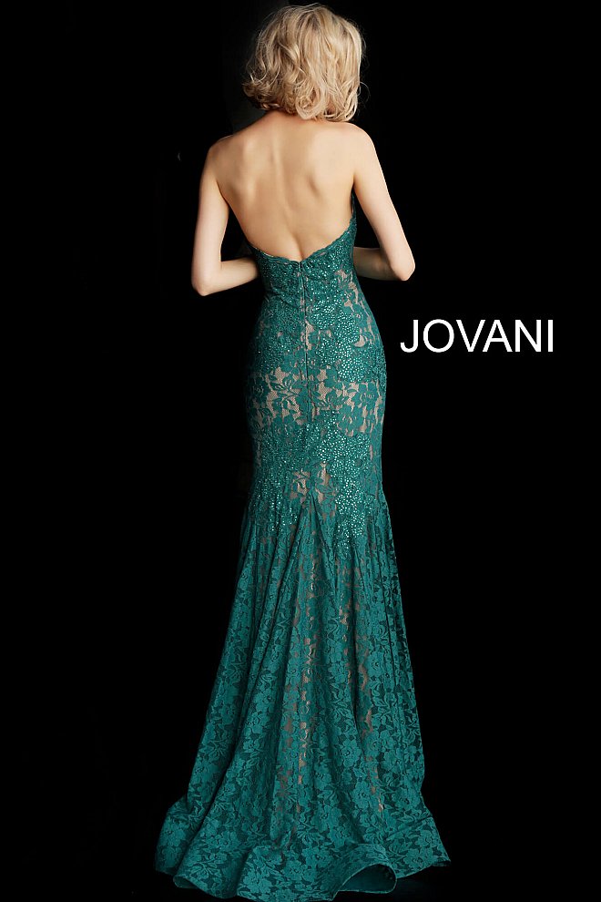 Jovani 37334 This beautiful, fitted, strapless lace dress features a sweetheart neckline. The top half of the trumpet dress is accessorized with rhinestones. Stretch nude lining with stretch lace overlay, heat set stones, form fitting, strapless. Available Sizes: 00,0,2,4,6,8,10,12,14,16,18,20,22,24  Available Colors: BLACK, BRIGHT PINK, DUSTY PINK, EMERALD, FUCHSIA, IVORY, LIGHT-BLUE, LILAC, MAUVE, NAVY, PERRIWINKLE, RED, ROYAL