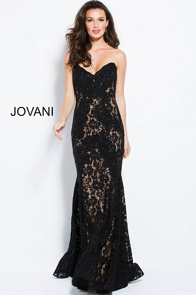 Jovani 37334 Size 12 Black embellished lace prom dress peak point neckline Fitted Mermaid Strapless