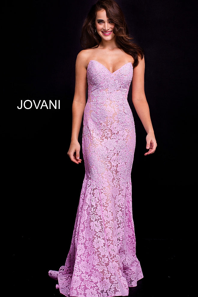 Jovani 37334 embellished lace prom dress peak point neckline Fitted Mermaid Strapless