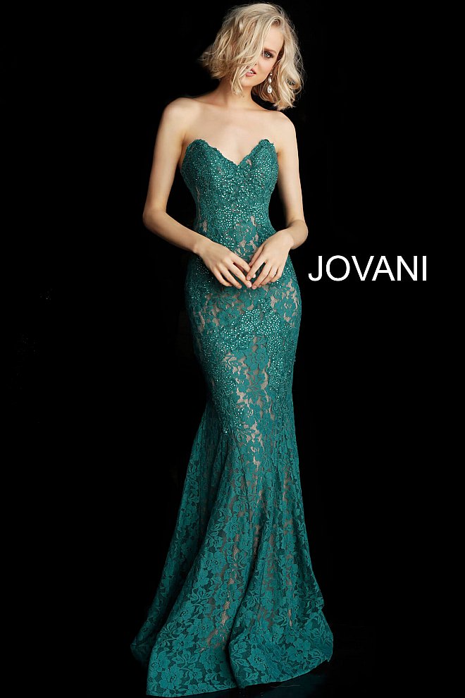 Jovani 37334 embellished lace prom dress peak point neckline Fitted Mermaid Strapless