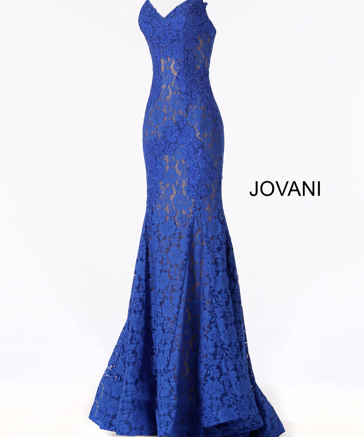 Jovani 37334 This beautiful, fitted, strapless lace dress features a sweetheart neckline. The top half of the trumpet dress is accessorized with rhinestones. Stretch nude lining with stretch lace overlay, heat set stones, form fitting, strapless. Available Sizes: 00,0,2,4,6,8,10,12,14,16,18,20,22,24  Available Colors: BLACK, BRIGHT PINK, DUSTY PINK, EMERALD, FUCHSIA, IVORY, LIGHT-BLUE, LILAC, MAUVE, NAVY, PERRIWINKLE, RED, ROYAL