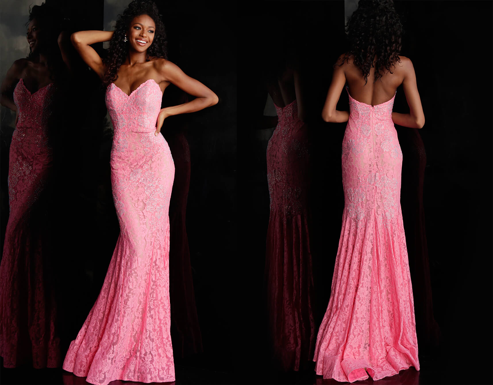 Jovani 37334 This beautiful, fitted, strapless lace dress features a sweetheart neckline. The top half of the trumpet dress is accessorized with rhinestones. Stretch nude lining with stretch lace overlay, heat set stones, form fitting, strapless. Available Sizes: 00,0,2,4,6,8,10,12,14,16,18,20,22,24  Available Colors: BLACK, BRIGHT PINK, DUSTY PINK, EMERALD, FUCHSIA, IVORY, LIGHT-BLUE, LILAC, MAUVE, NAVY, PERRIWINKLE, RED, ROYAL