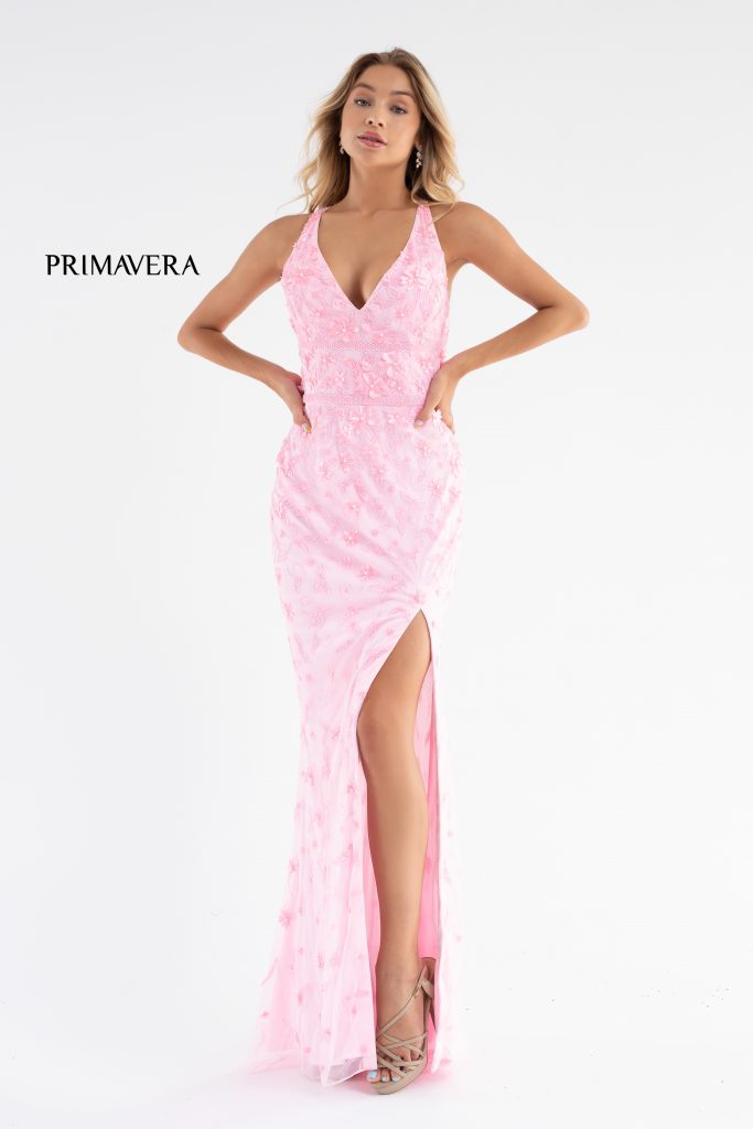 Primavera Couture 3746 Size 00, 6 Neon Pink 3D Flowers Prom Dress Beaded V Neckline Evening Gown Slit