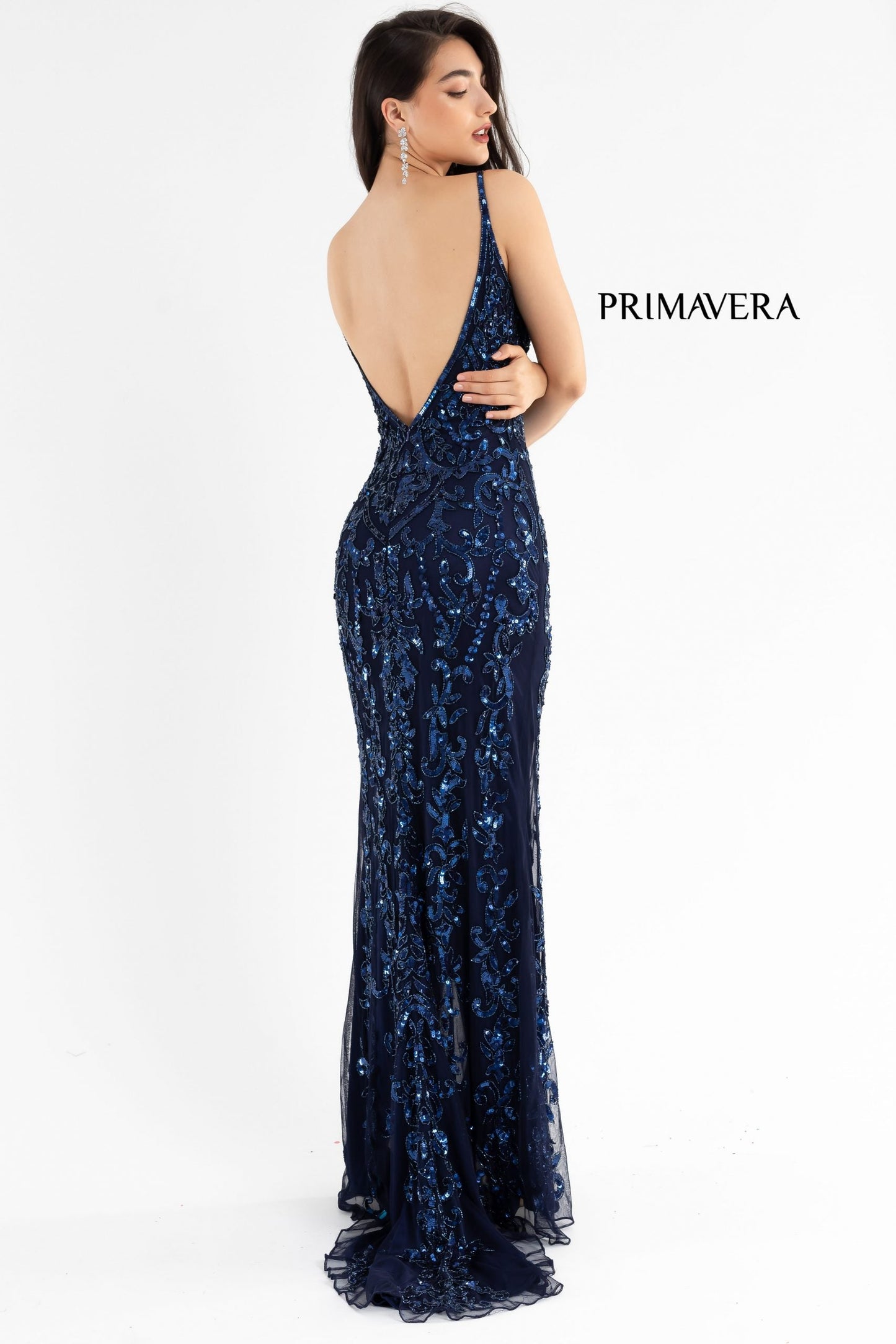 Primavera Couture 3749 Size 0 Ivory Sequined Prom Dress V Neckline Sweeping Train Evening Gown