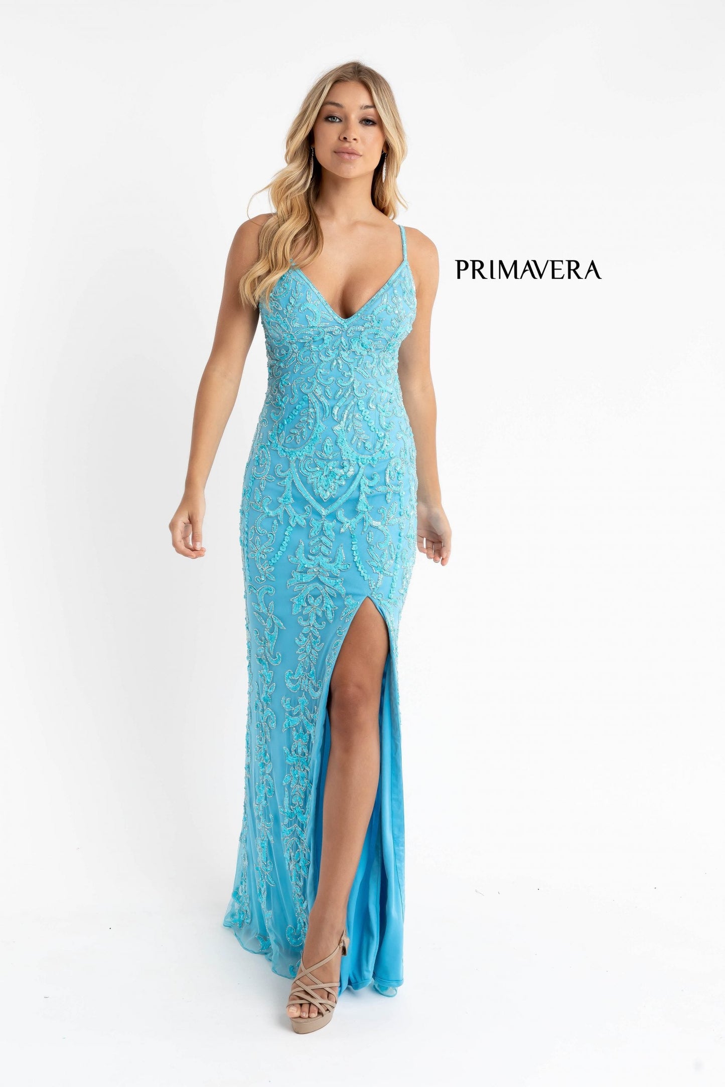 Primavera Couture 3749 Size 0 Ivory Sequined Prom Dress V Neckline Sweeping Train Evening Gown