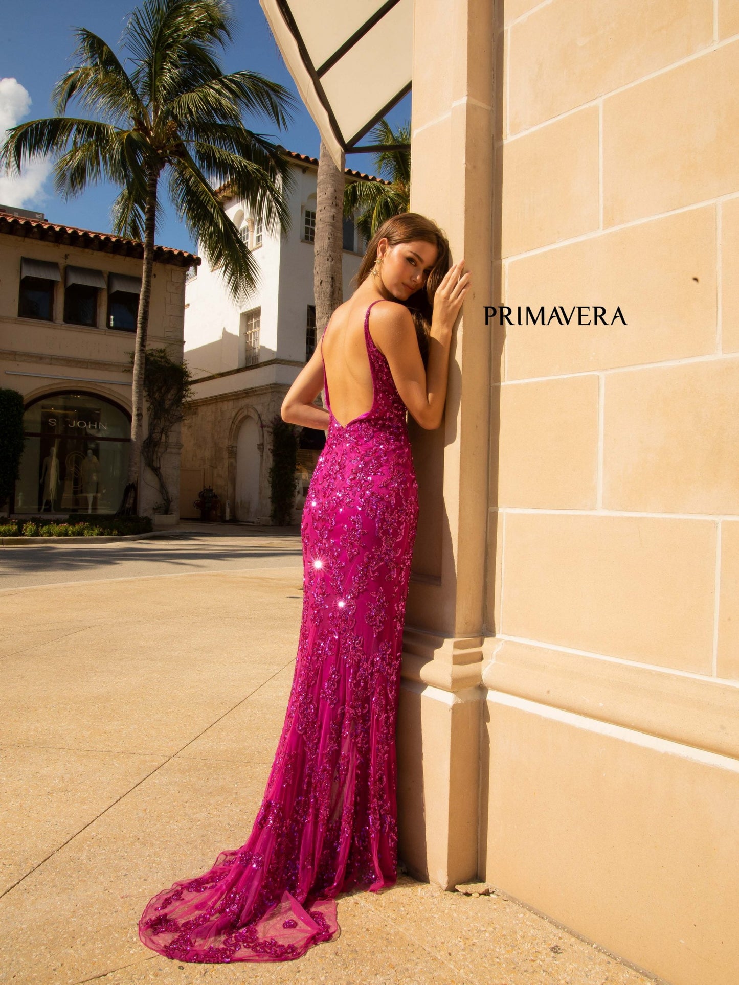 Primavera Couture 3754 Size 18 Purple Prom Dress Sequins V Neckline Evening Gown Backless Slit Train