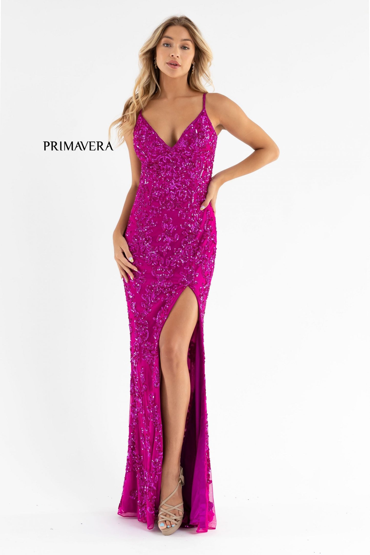 Primavera Couture 3754 Size 18 Purple Prom Dress Sequins V Neckline Evening Gown Backless Slit Train