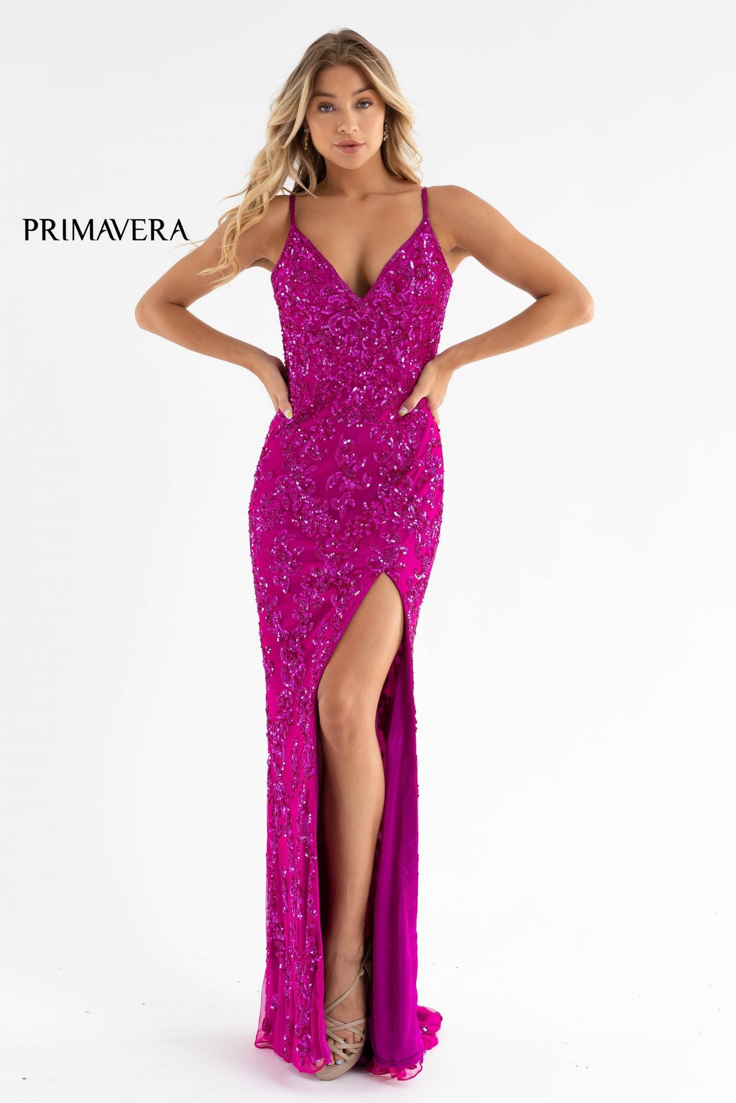 Primavera Couture 3754 Size 18 Purple Prom Dress Sequins V Neckline Evening Gown Backless Slit Train