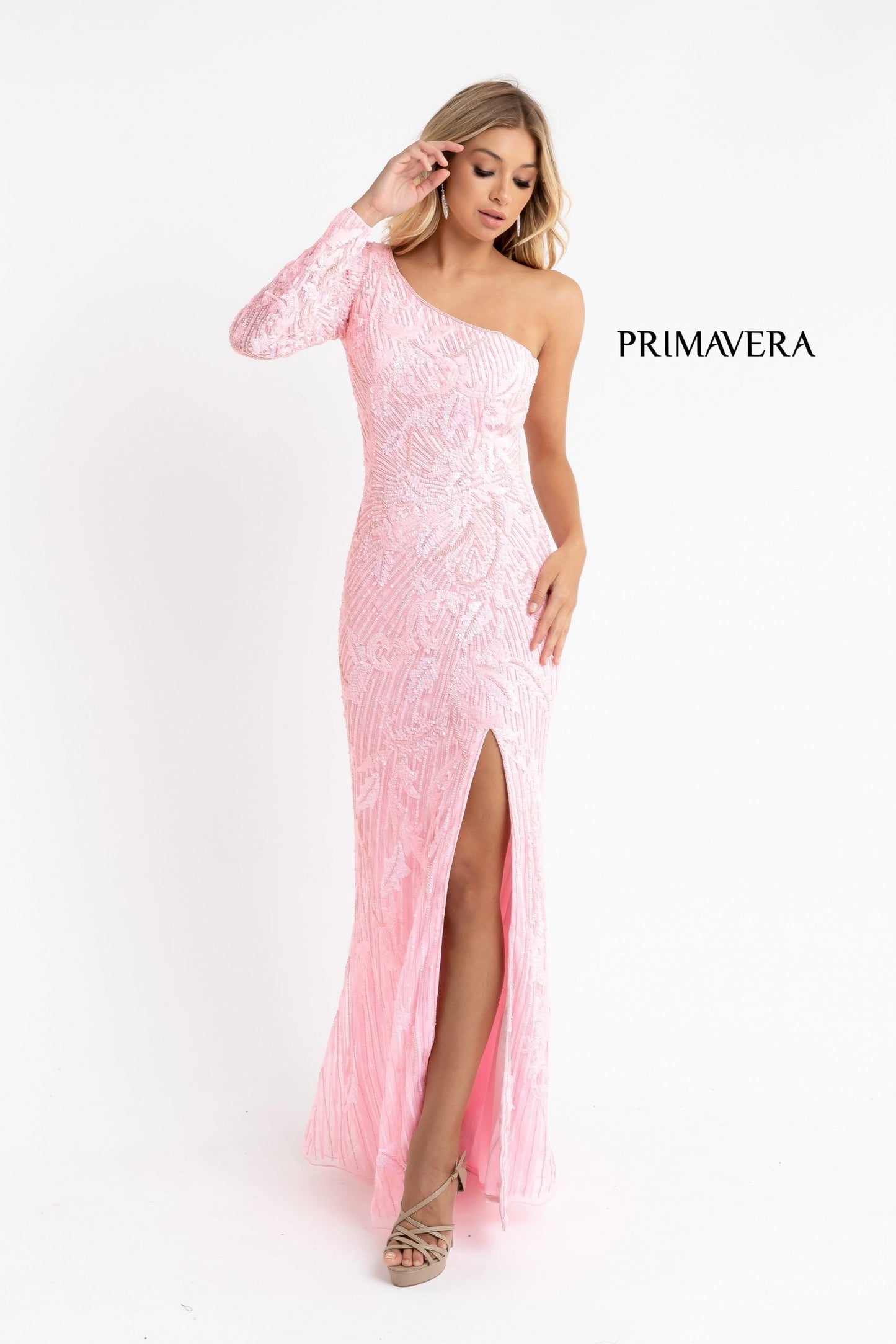 Primavera Couture 3759 Size 2 Pink One Long Sleeve Prom Dress Sequined Evening Gown Slit