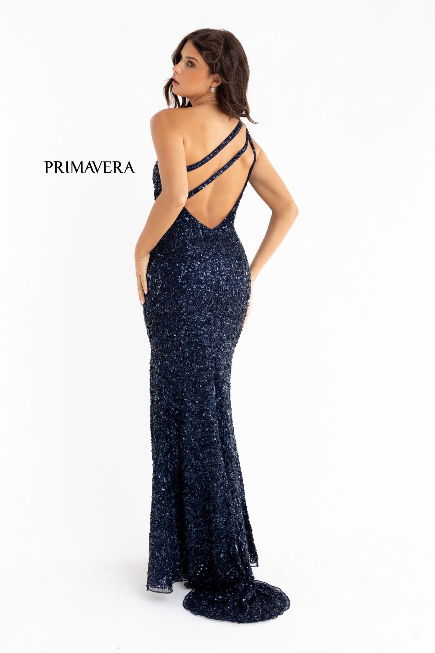 Primavera Couture 3761 Size 2, 4 One Shoulder Prom Dress Sequin Double Strap Back Slit Train Bright Blue