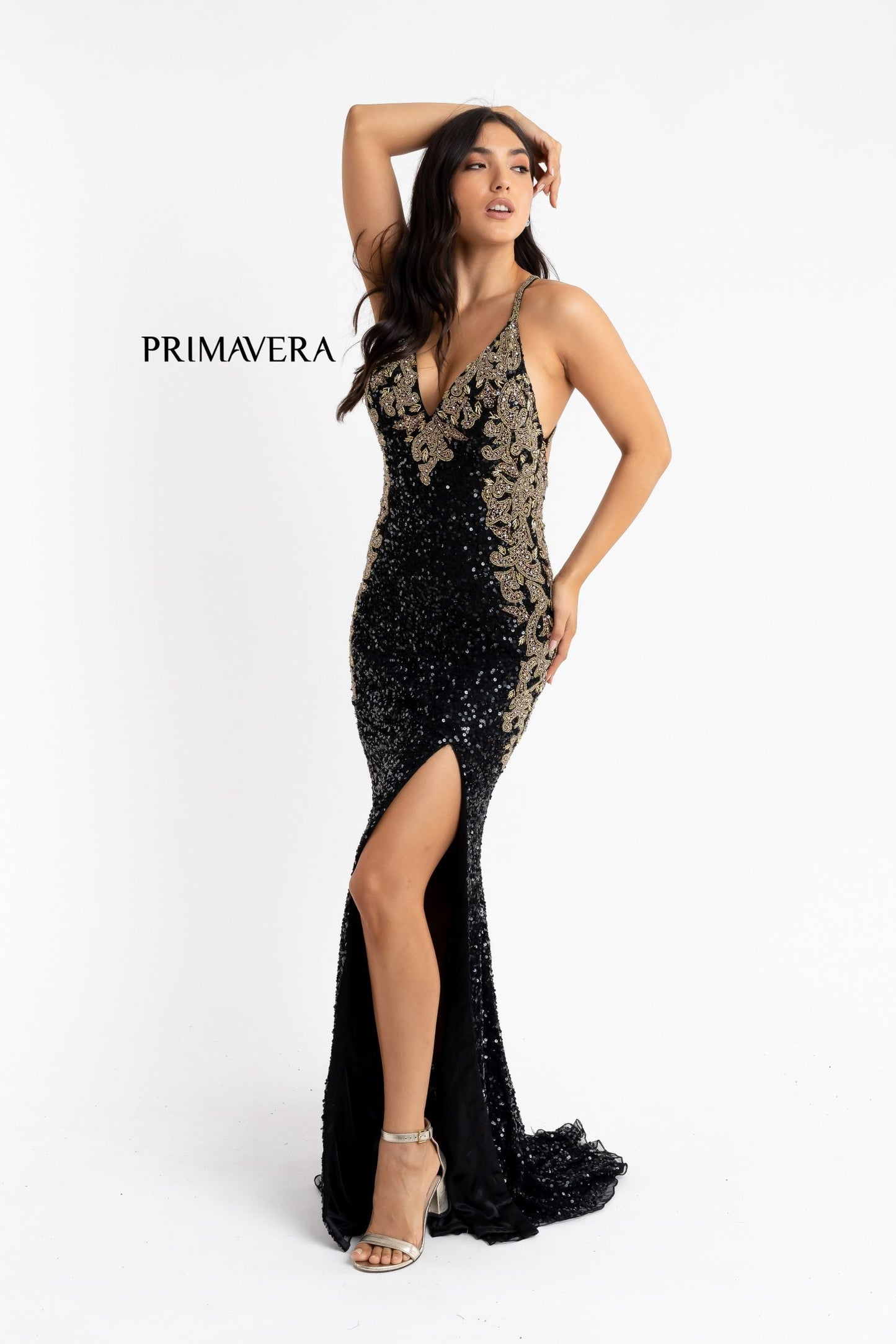 Primavera Couture 3765 Size 12 Sequined Prom Dress with Bead Trimmed V Neckline Slit Train