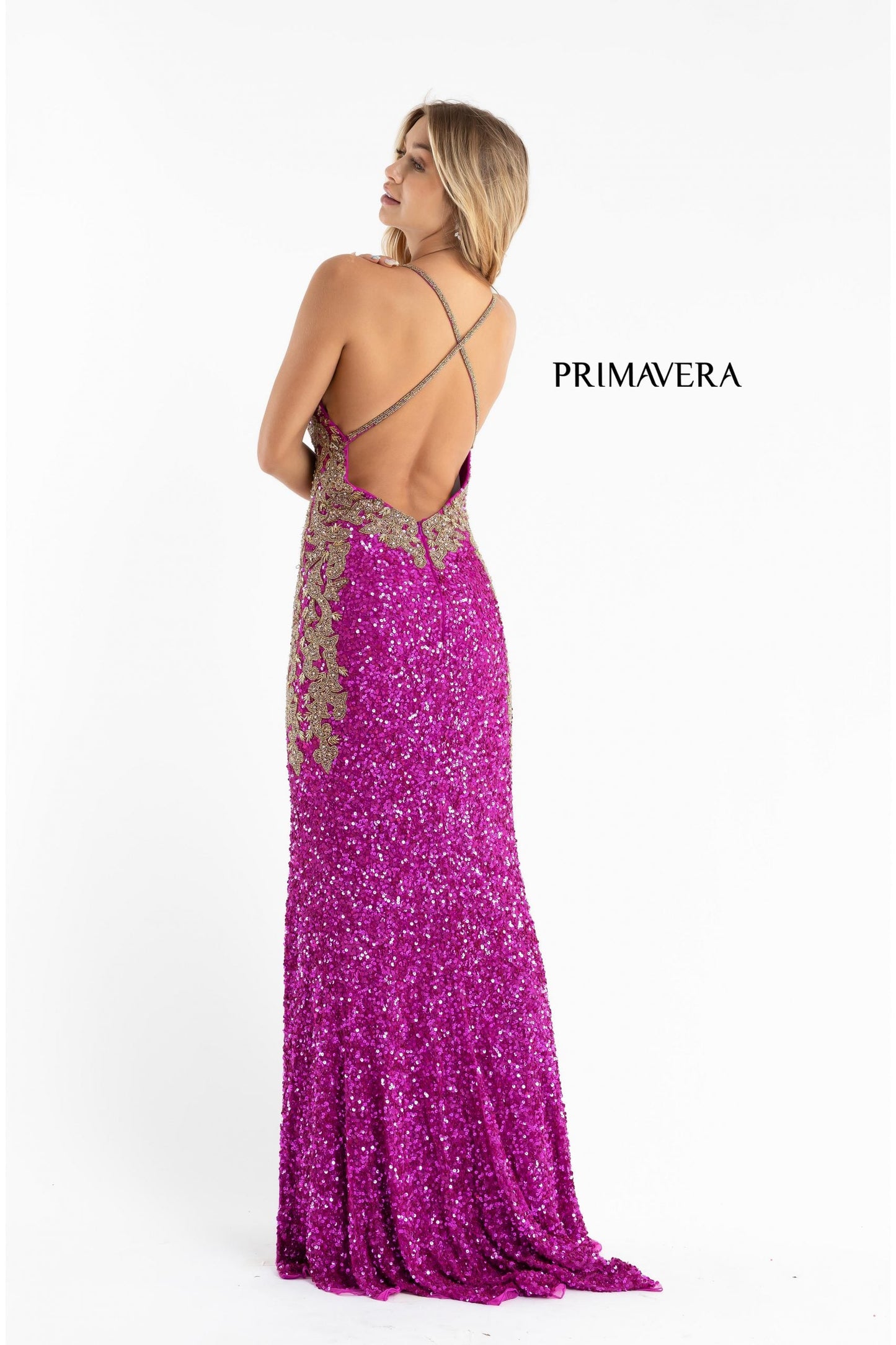 Primavera Couture 3765 Size 12 Sequined Prom Dress with Bead Trimmed V Neckline Slit Train