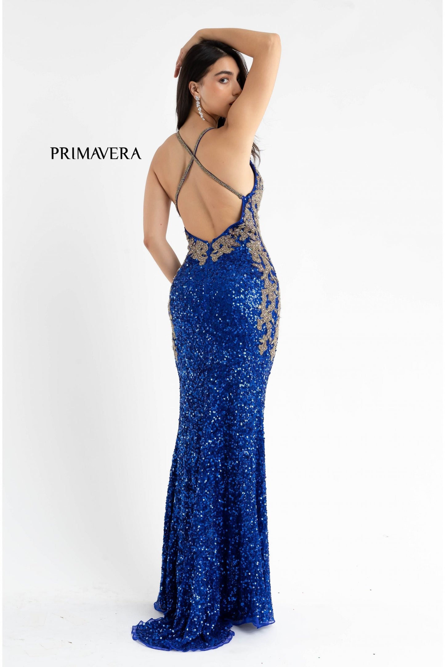 Primavera Couture 3765 Size 12 Sequined Prom Dress with Bead Trimmed V Neckline Slit Train