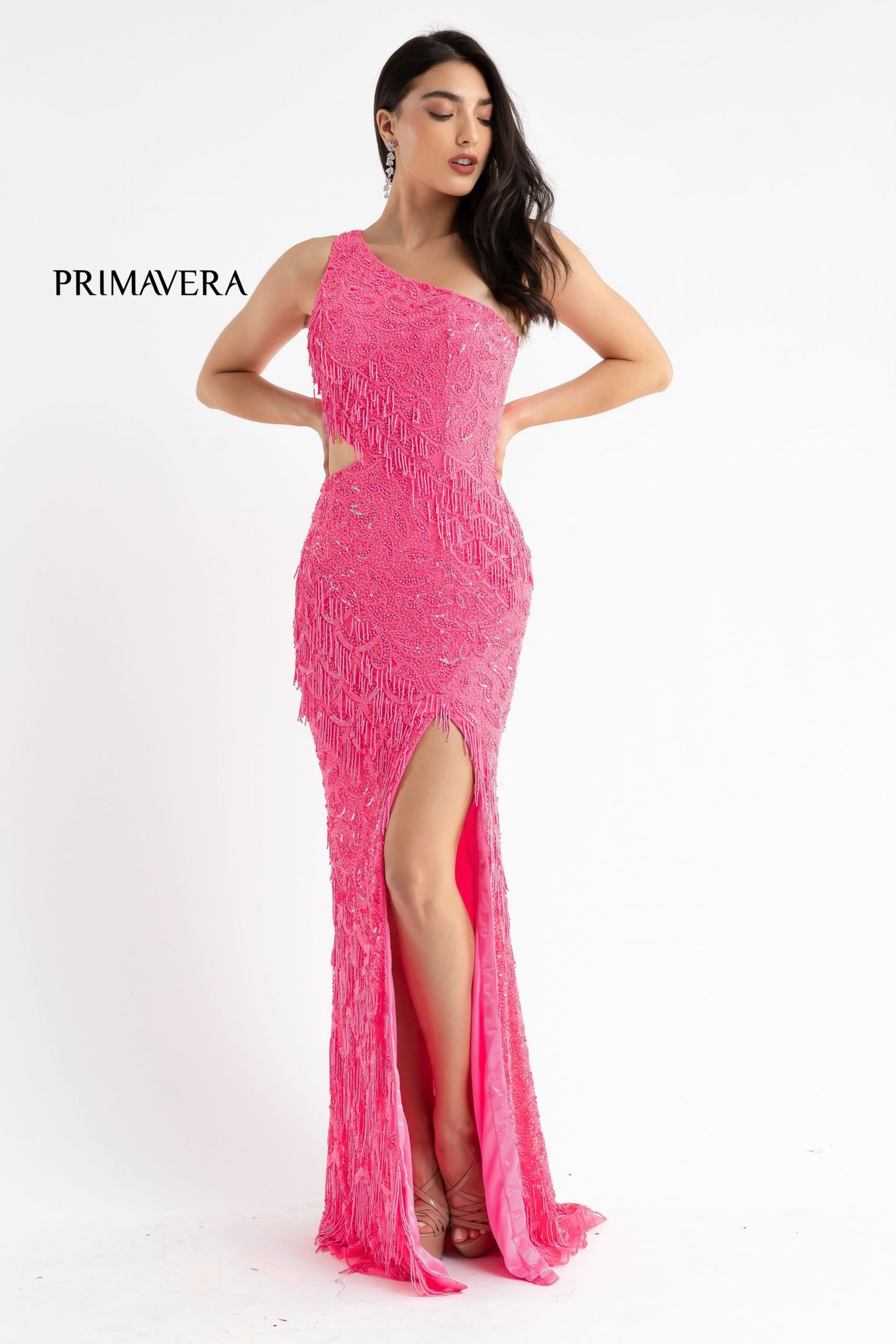 Primavera Couture 3766 One Shoulder Fringe Prom Dress Pageant Gown Cutout Side