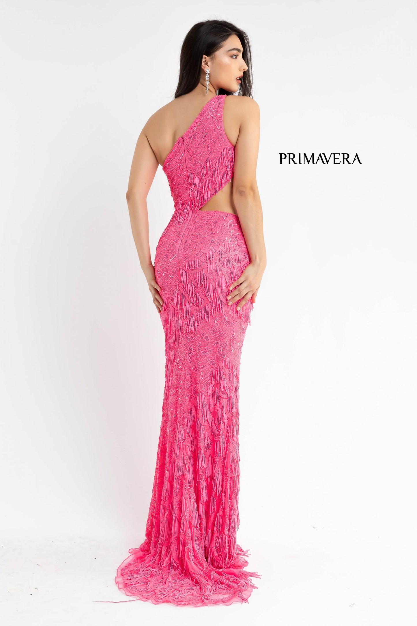 Primavera Couture 3766 One Shoulder Fringe Prom Dress Pageant Gown Cutout Side