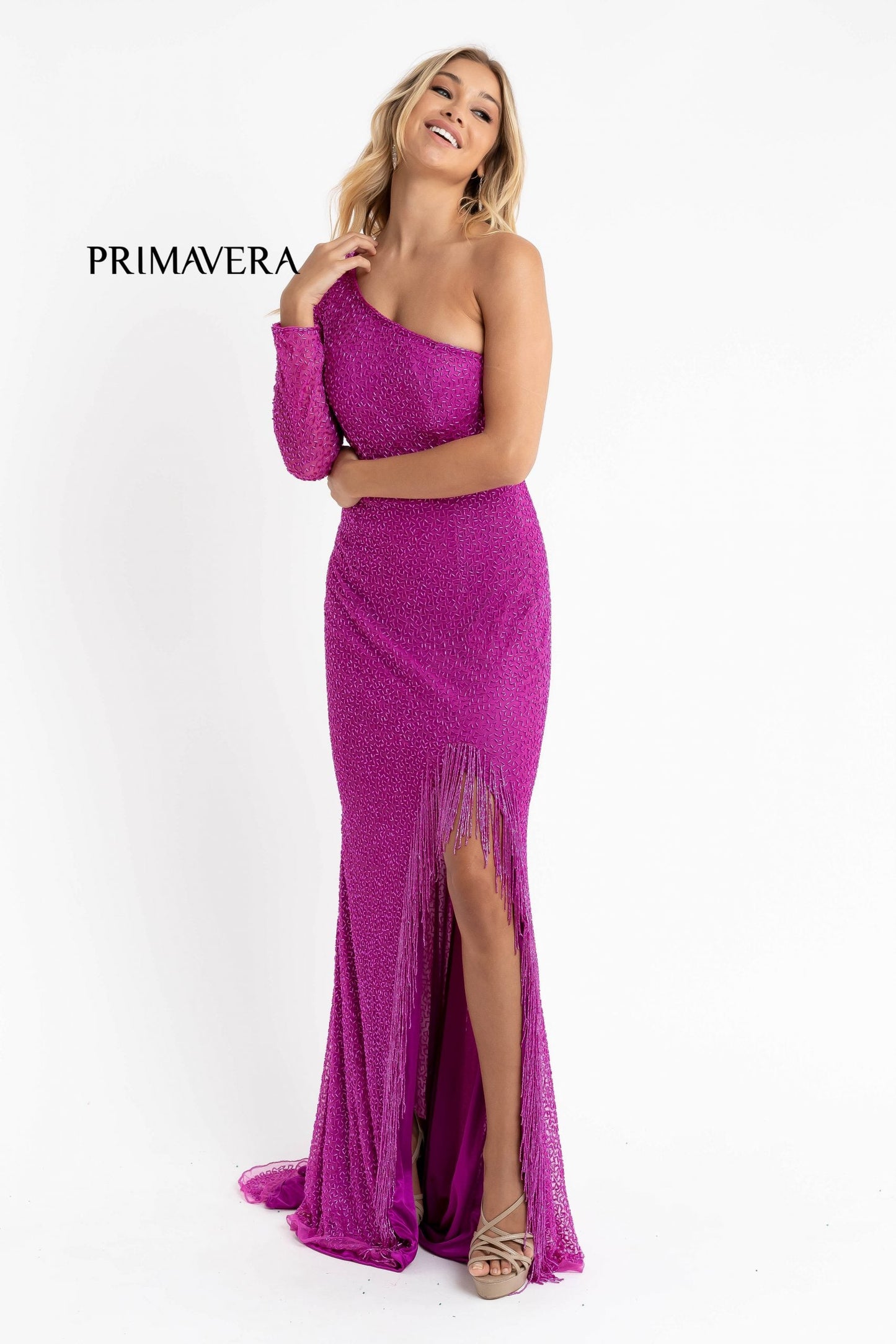 Primavera Couture 3773 Size 2 Beaded One Long Sleeve Prom Dress Evening Gown Fringe Open Slit