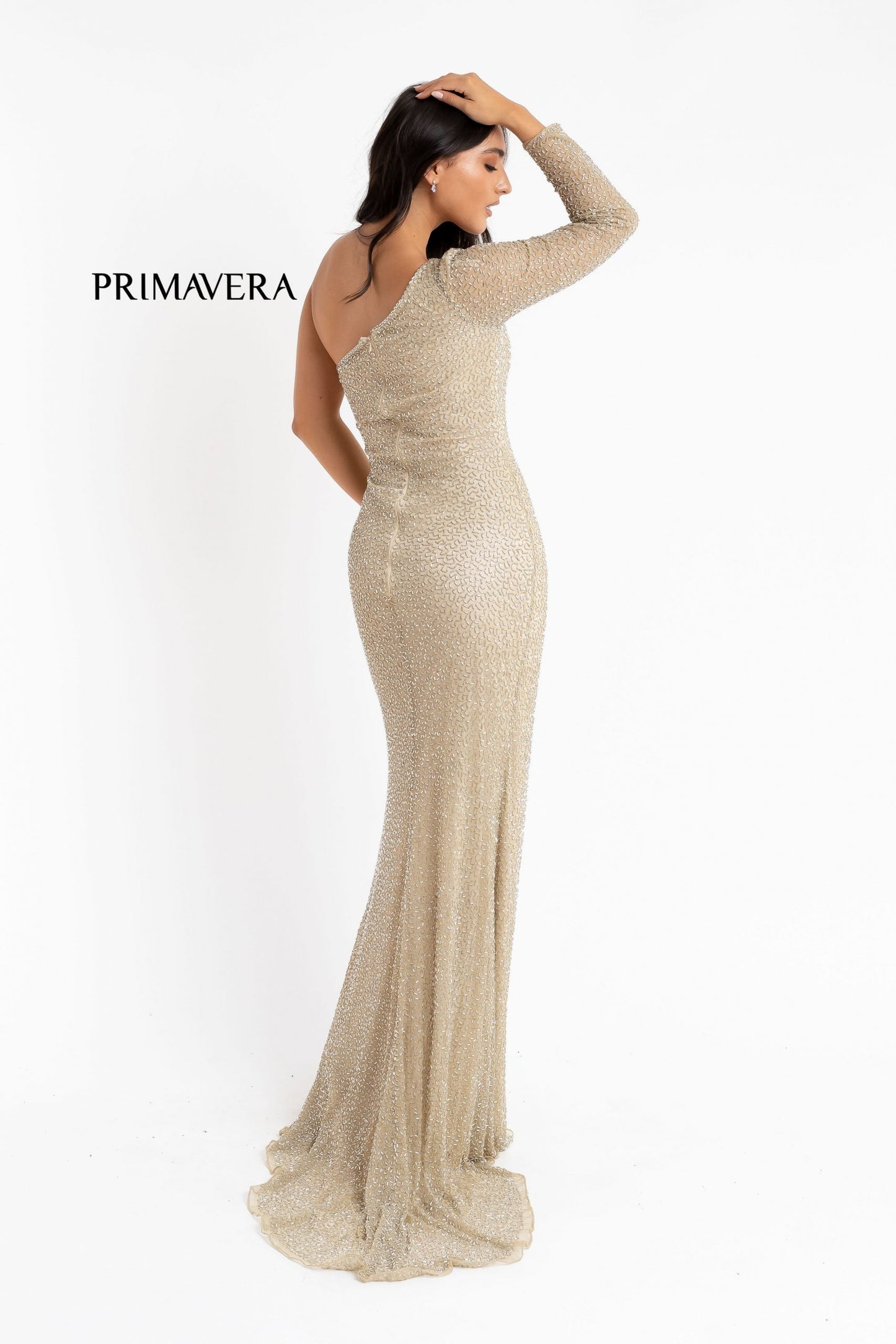 Primavera Couture 3773 Size 2 Beaded One Long Sleeve Prom Dress Evening Gown Fringe Open Slit