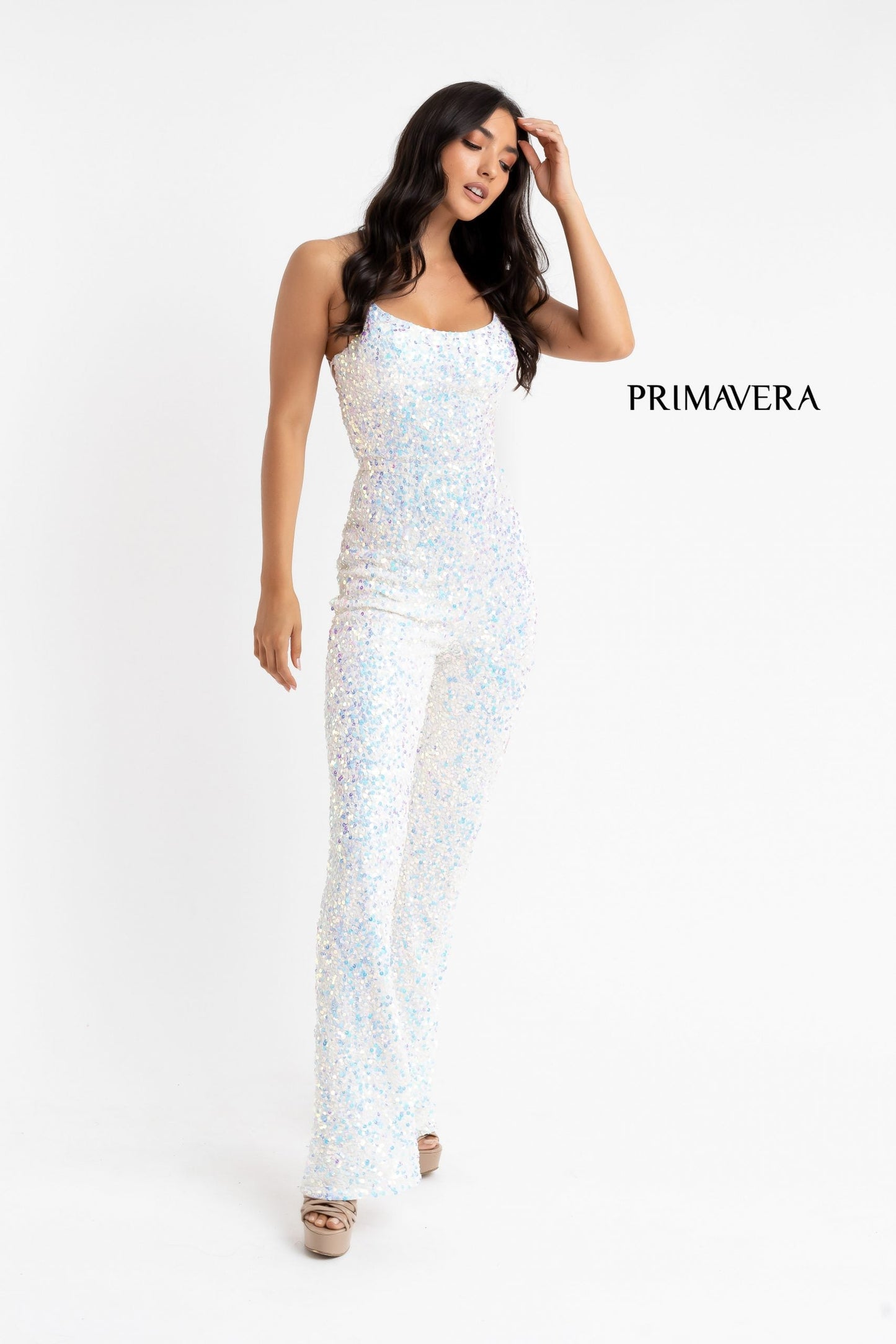 Primavera Couture 3774 Size 2, 6, 10 Ivory Sequin Jumpsuit Scoop Neckline Lace Up Tie Back Straight Legs