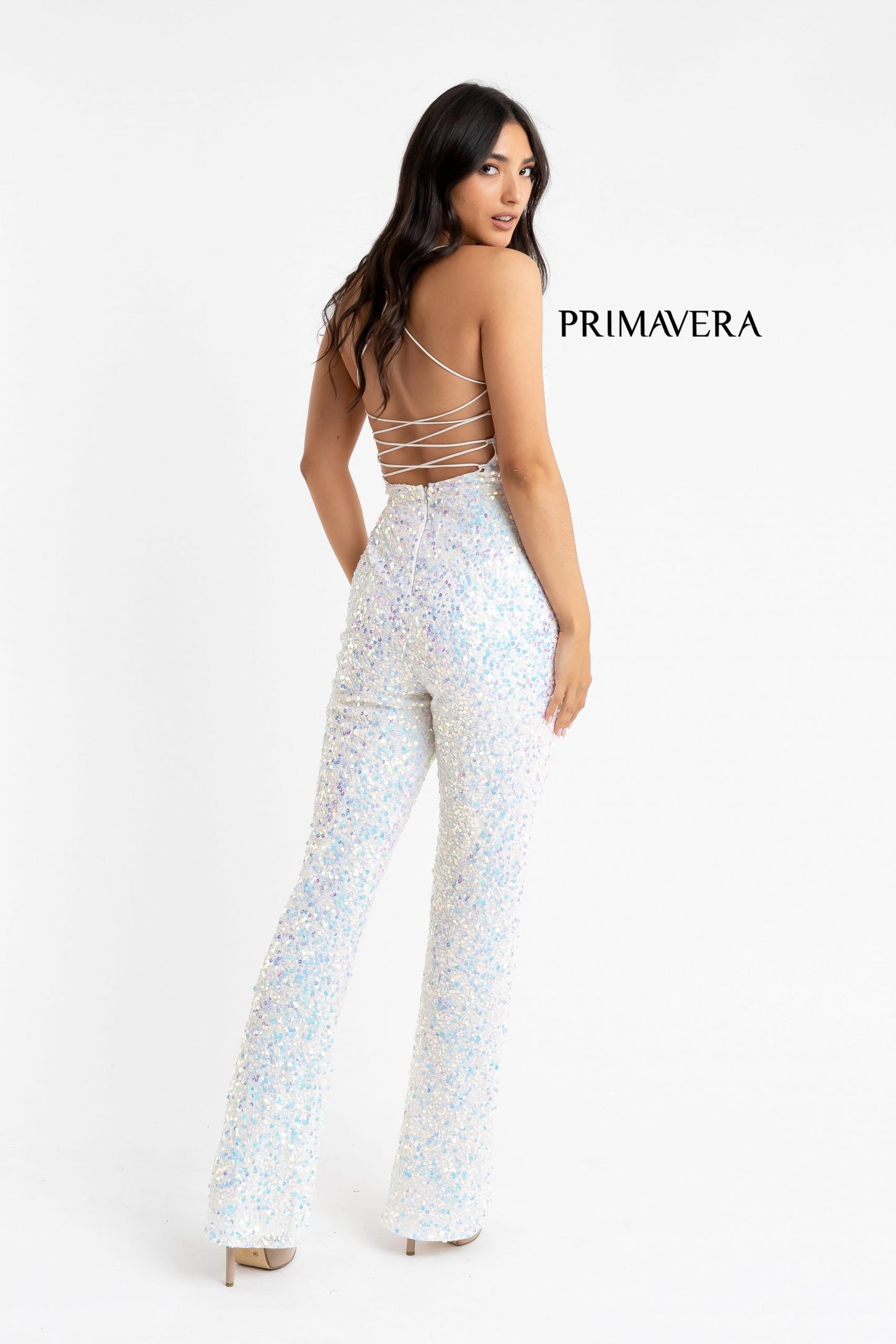 Primavera Couture 3774 Size 2, 6, 10 Ivory Sequin Jumpsuit Scoop Neckline Lace Up Tie Back Straight Legs