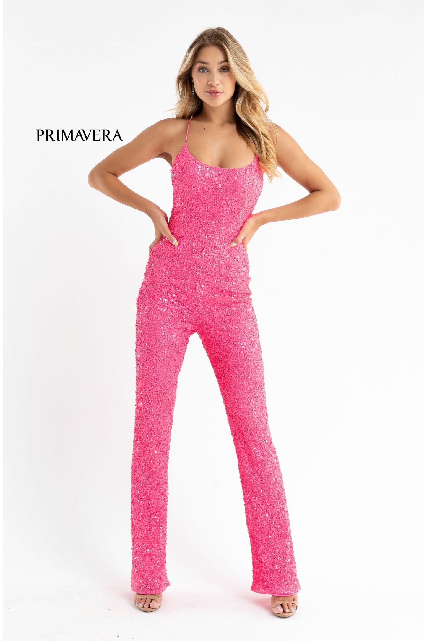 Primavera Couture 3774 Size 0 Neon Pink Sequin Jumpsuit Scoop Neckline Lace Up Tie Back Straight Legs