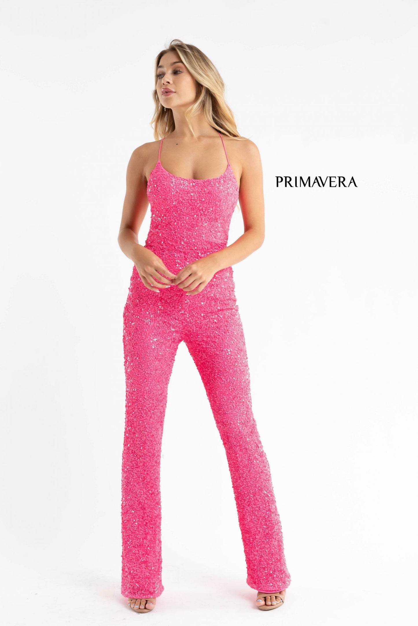 Primavera Couture 3774 Size 0 Neon Pink Sequin Jumpsuit Scoop Neckline Lace Up Tie Back Straight Legs