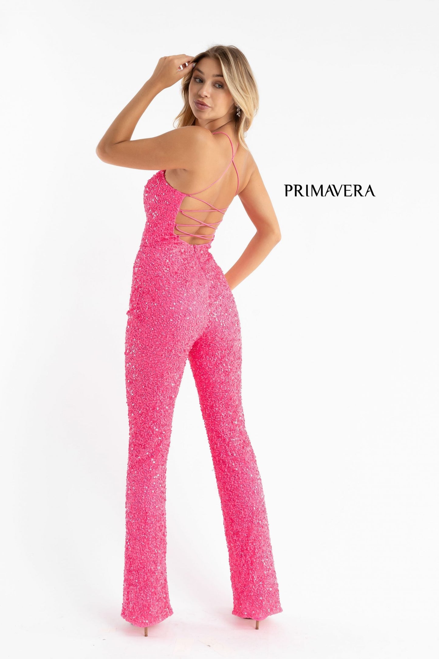 Primavera Couture 3774 Size 0 Neon Pink Sequin Jumpsuit Scoop Neckline Lace Up Tie Back Straight Legs