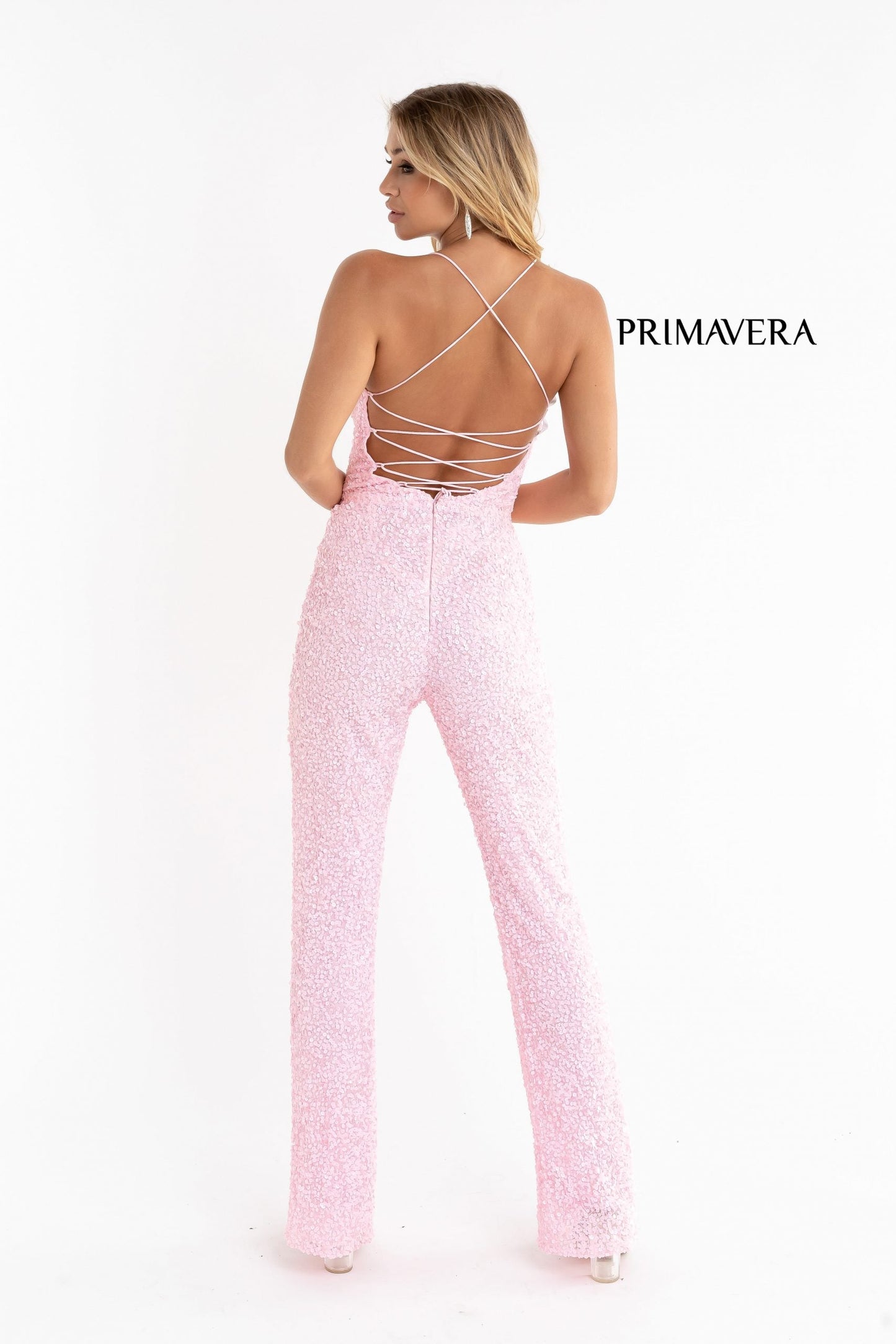 Primavera Couture 3774 Size 0 Neon Pink Sequin Jumpsuit Scoop Neckline Lace Up Tie Back Straight Legs