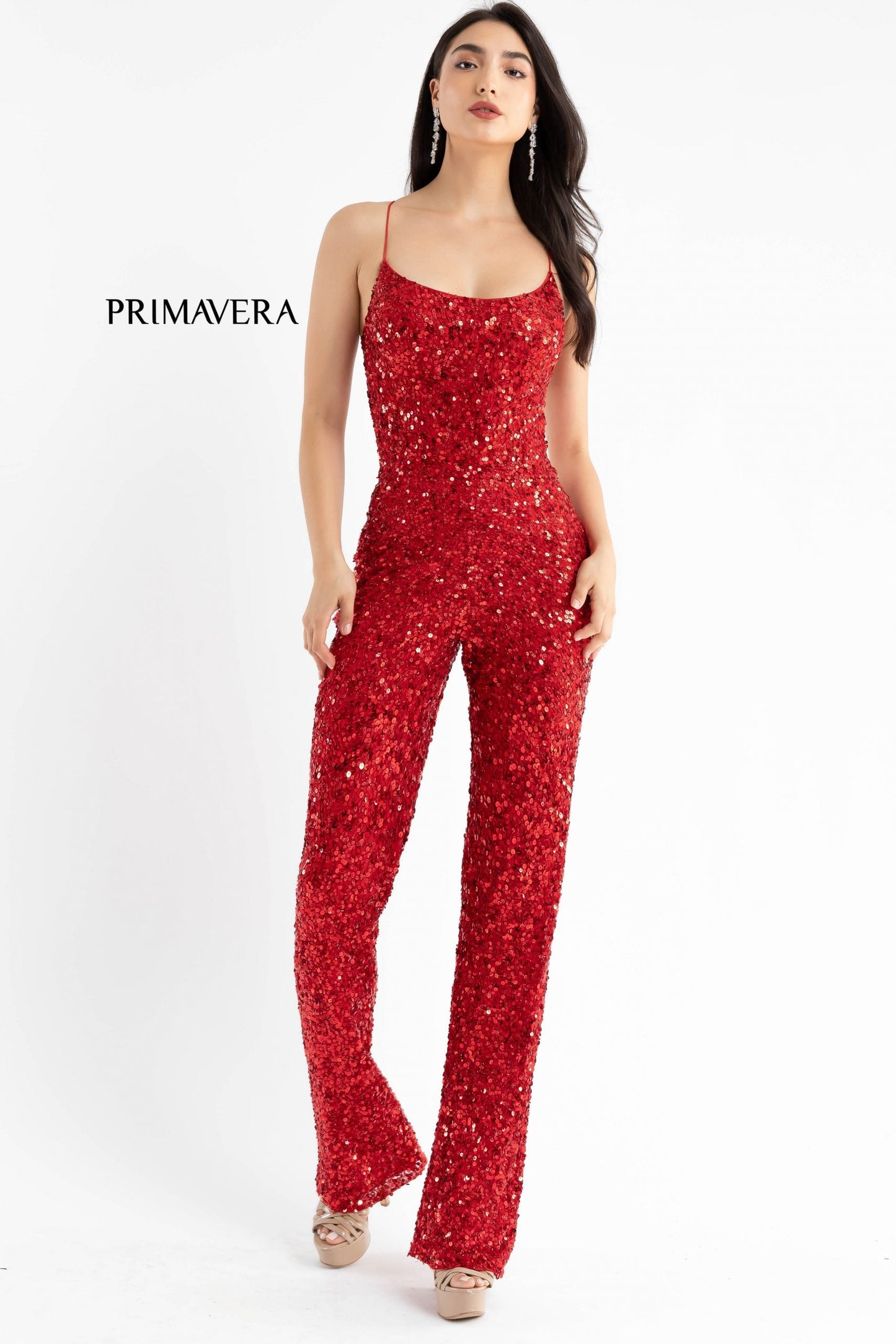 Primavera Couture 3774 Size 2, 6, 10 Ivory Sequin Jumpsuit Scoop Neckline Lace Up Tie Back Straight Legs