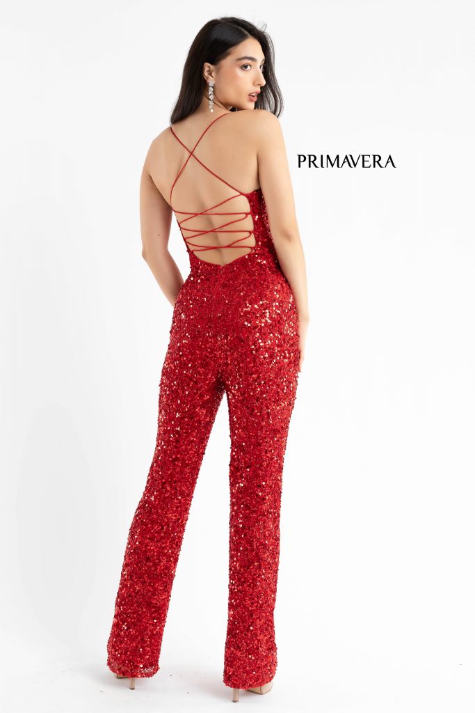 Primavera Couture 3774 Size 0 Neon Pink Sequin Jumpsuit Scoop Neckline Lace Up Tie Back Straight Legs