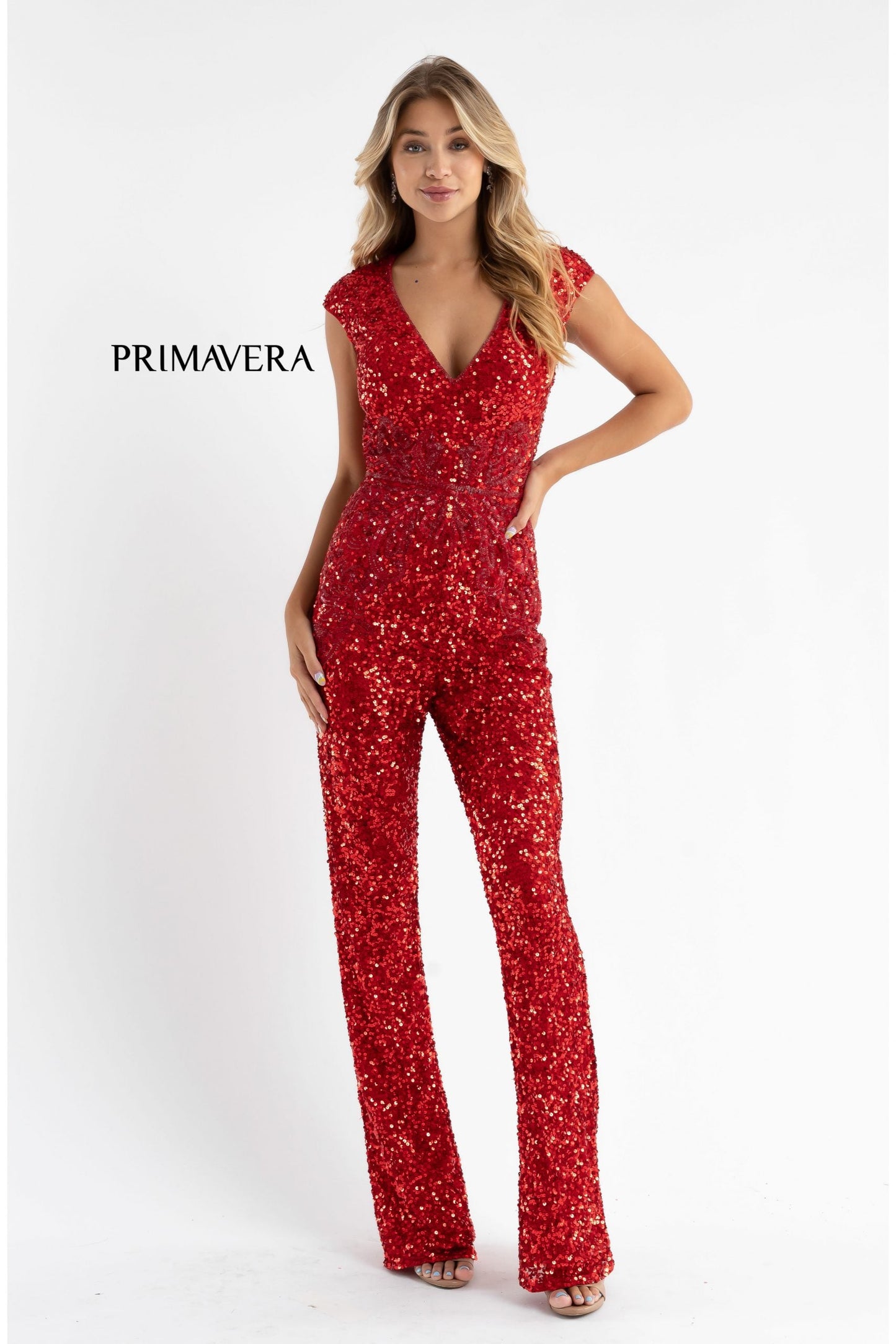 Primavera Couture 3775 Size 12 Turquoise Sequined Jumpsuit Beaded Waist and Hips Cap Sleeves