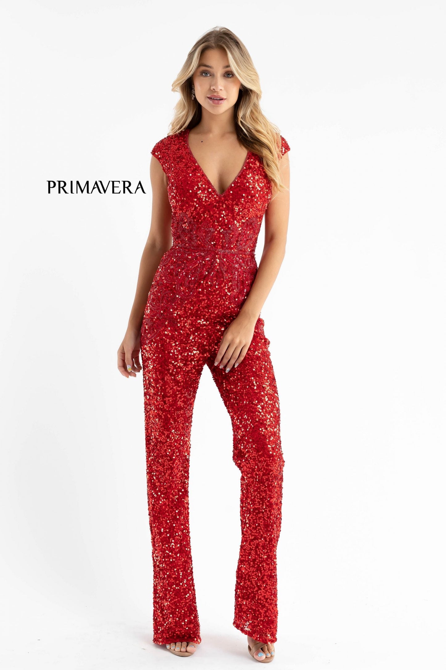 Primavera Couture 3775 Size 2, 6 Red Sequined Jumpsuit Beaded Waist and Hips Cap Sleeves