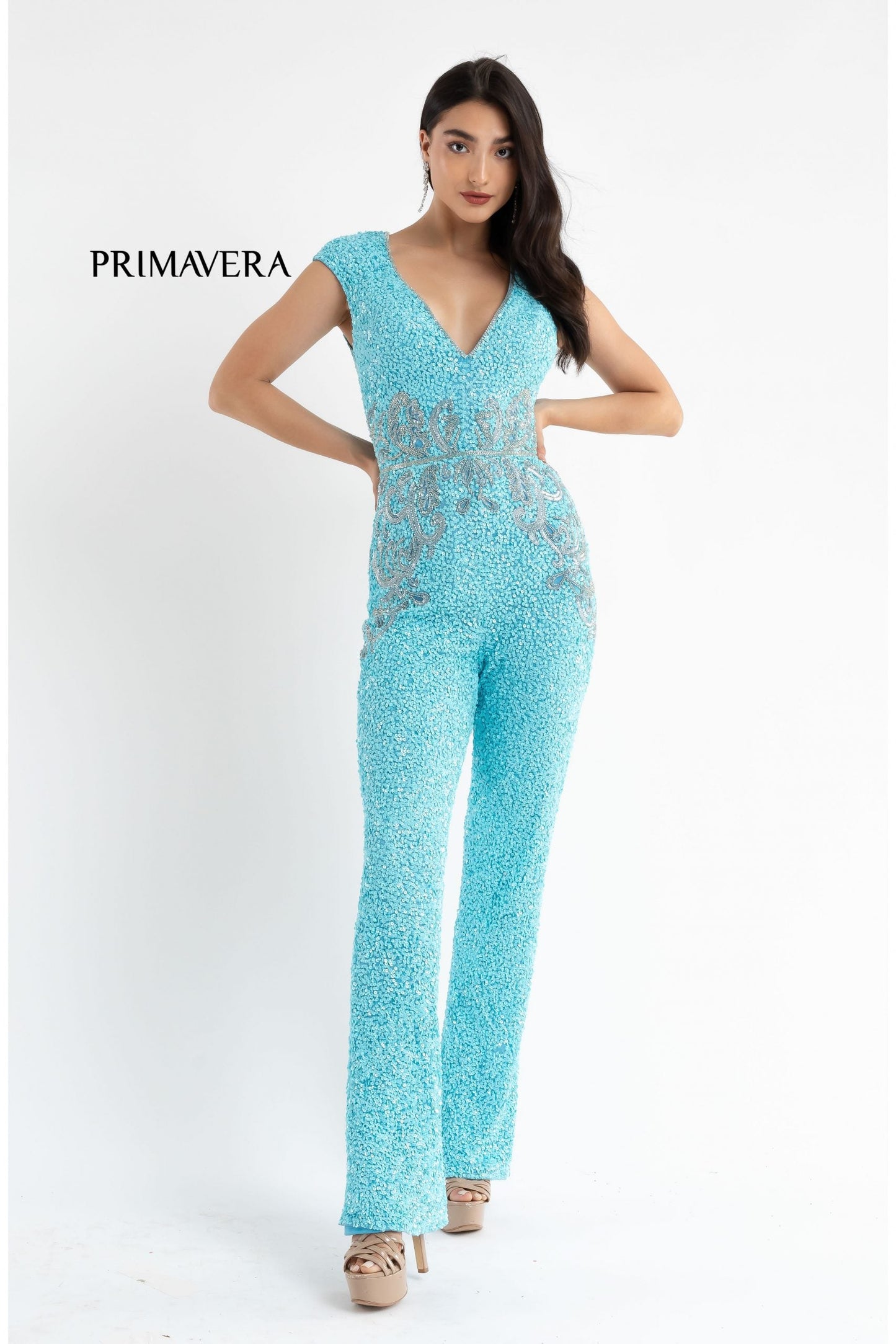 Primavera Couture 3775 Size 12 Turquoise Sequined Jumpsuit Beaded Waist and Hips Cap Sleeves