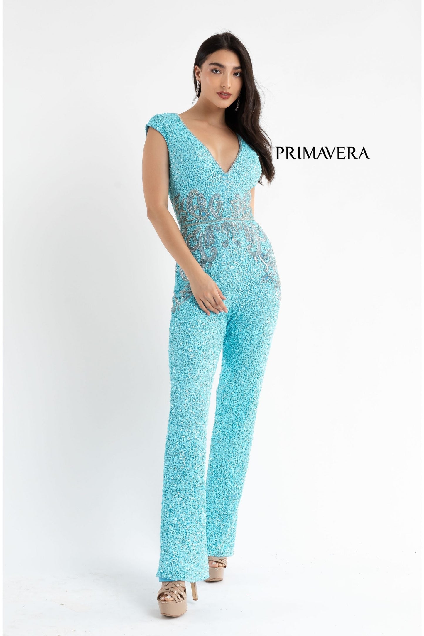 Primavera Couture 3775 Size 00 Royal Blue Sequined Jumpsuit Beaded Waist and Hips Cap Sleeves