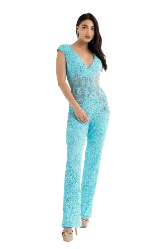 Primavera Couture 3775 Size 12 Turquoise Sequined Jumpsuit Beaded Waist and Hips Cap Sleeves