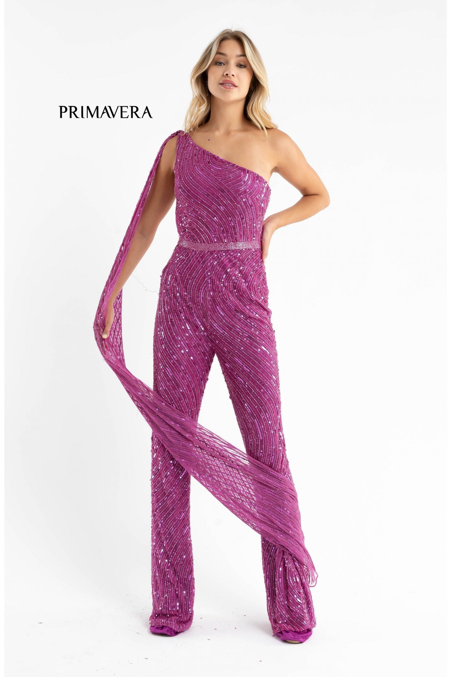 Primavera Couture 3776 Size 00 Fuchsia Swirled Sequin Jumpsuit One Shoulder Floor Length Cape