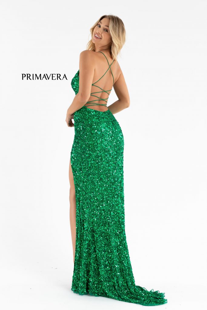 Primavera Couture 3791 Size 0 Turquoise Prom Dress V Neckline Sequins Lace Up Tie Back Side Slit