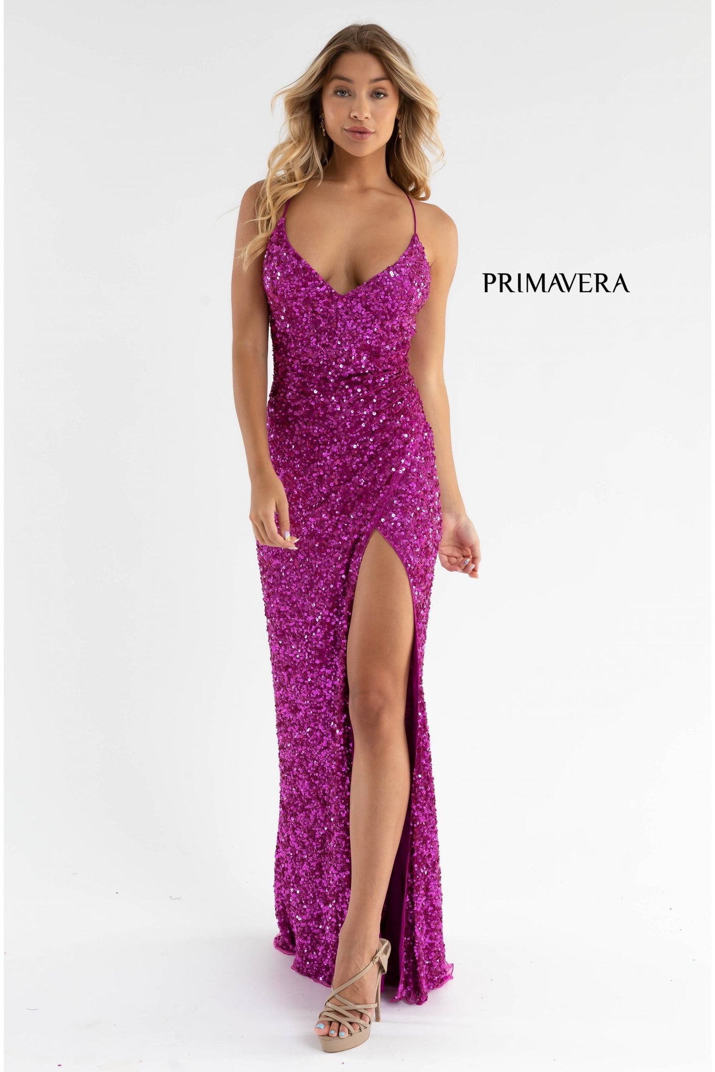 Primavera Couture 3791 Size 6 Neon Pink Prom Dress V Neckline Sequins Lace Up Tie Back Side Slit