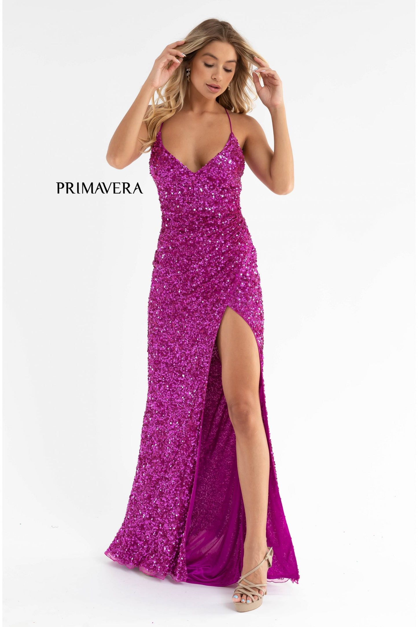 Primavera Couture 3791 Size 6 Mint Prom Dress V Neckline Sequins Lace Up Tie Back Side Slit