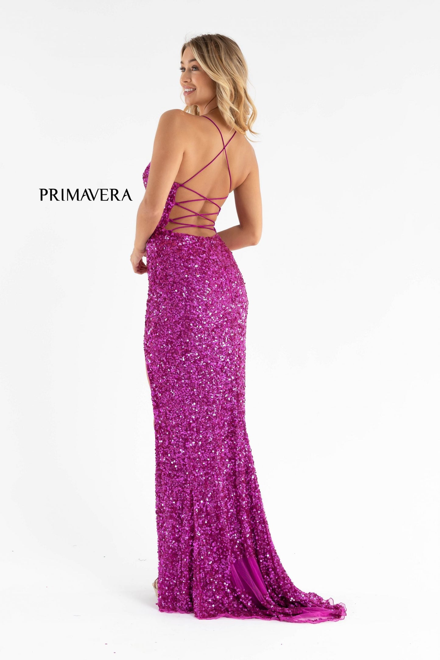 Primavera Couture 3791 Size 6 Neon Pink Prom Dress V Neckline Sequins Lace Up Tie Back Side Slit