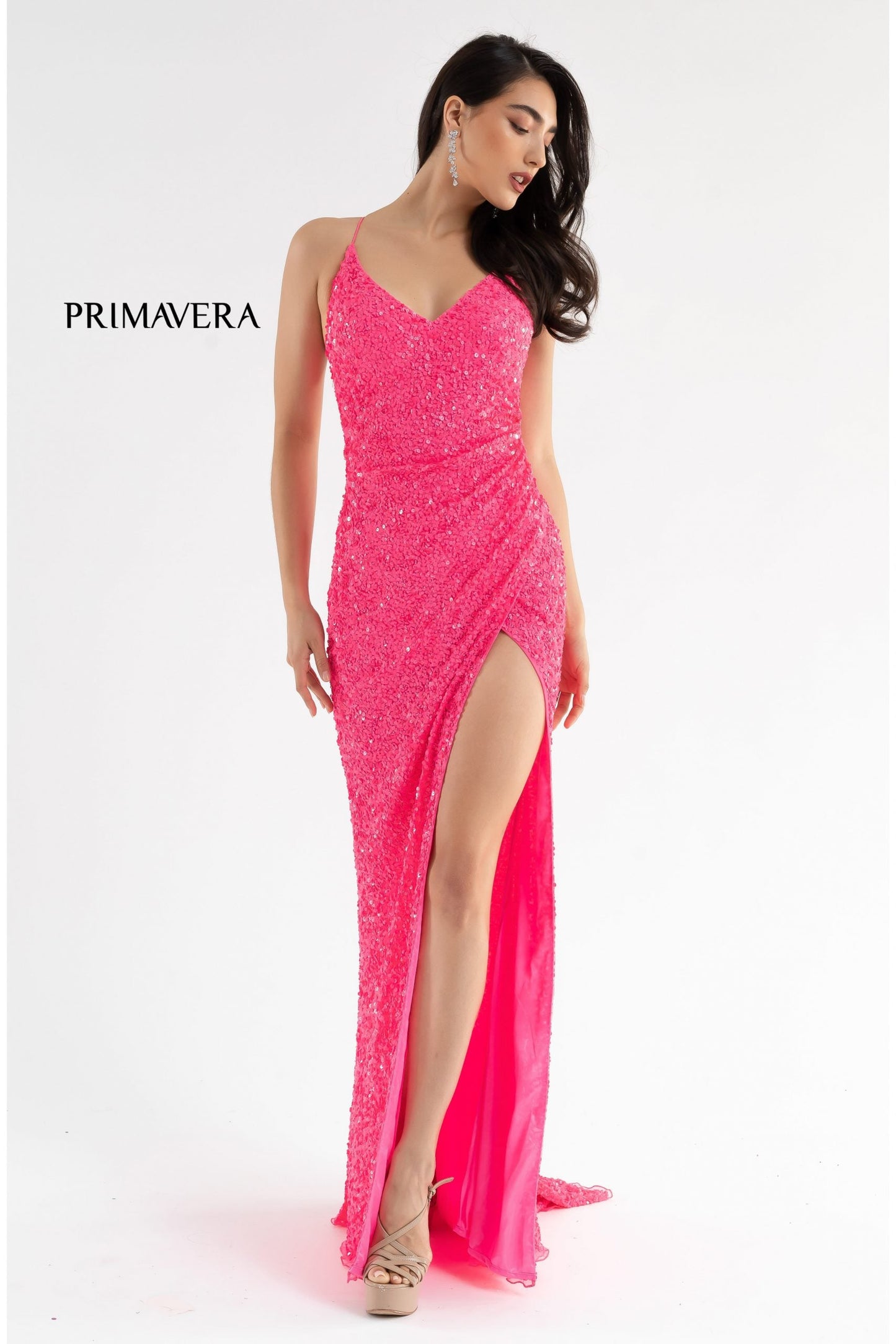 Primavera Couture 3791 Sizes 2, 8 Emerald Prom Dress V Neckline Sequins Lace Up Tie Back Side Slit