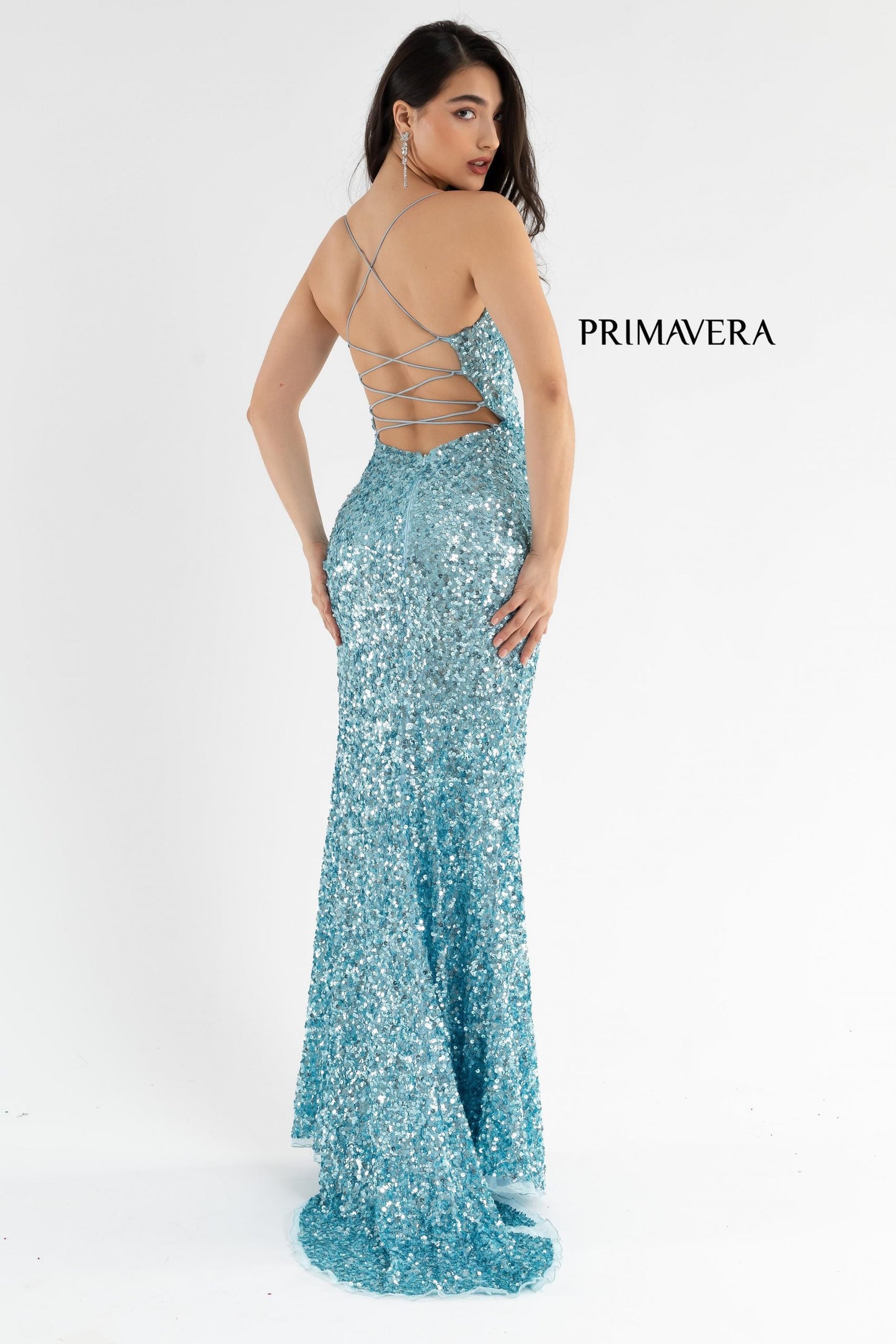 Primavera Couture 3791 Size 0 Turquoise Prom Dress V Neckline Sequins Lace Up Tie Back Side Slit