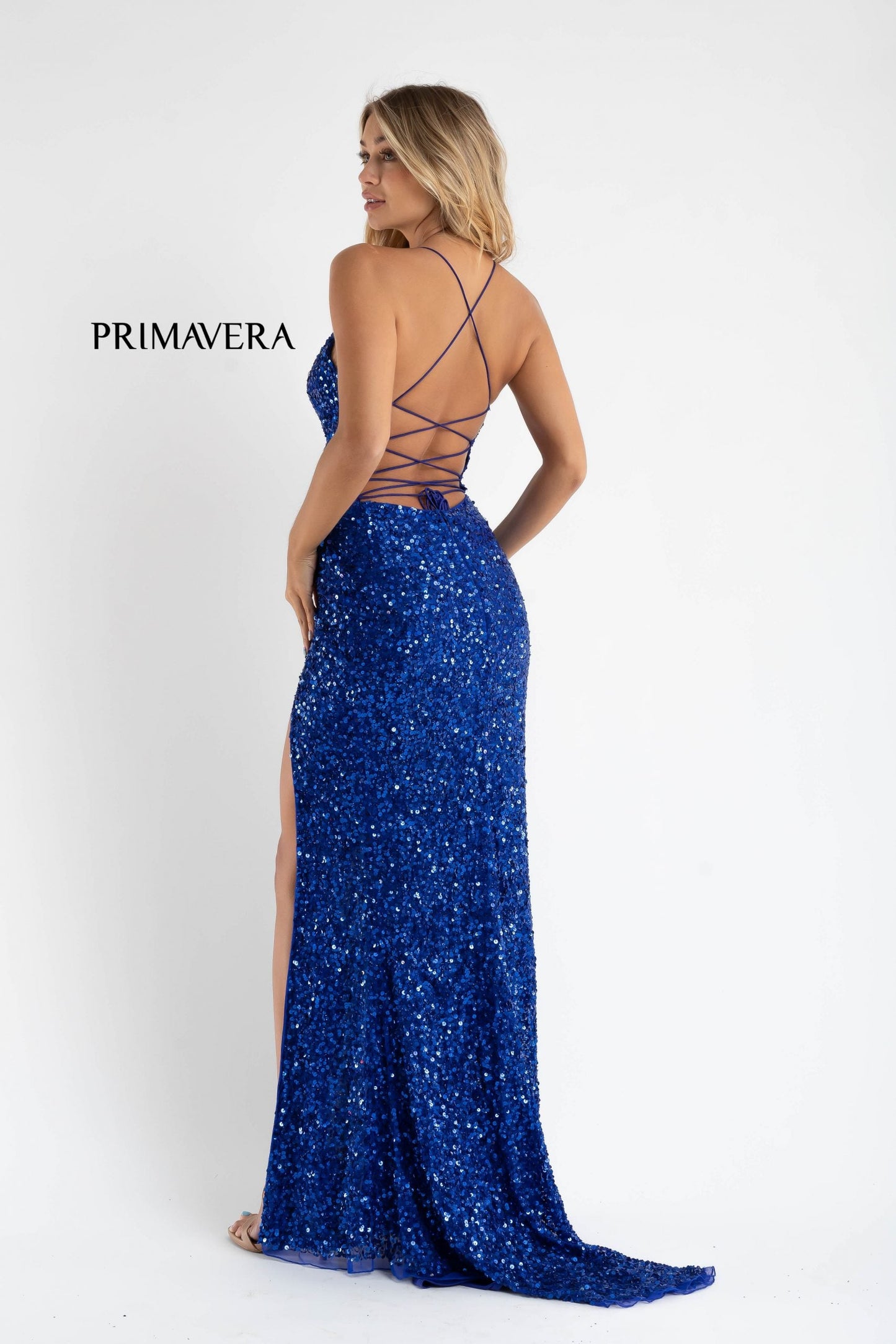 Primavera Couture 3791 Prom Dress size 10 Perriwinkle V Neckline Sequins Lace Up Tie Back Side Slit